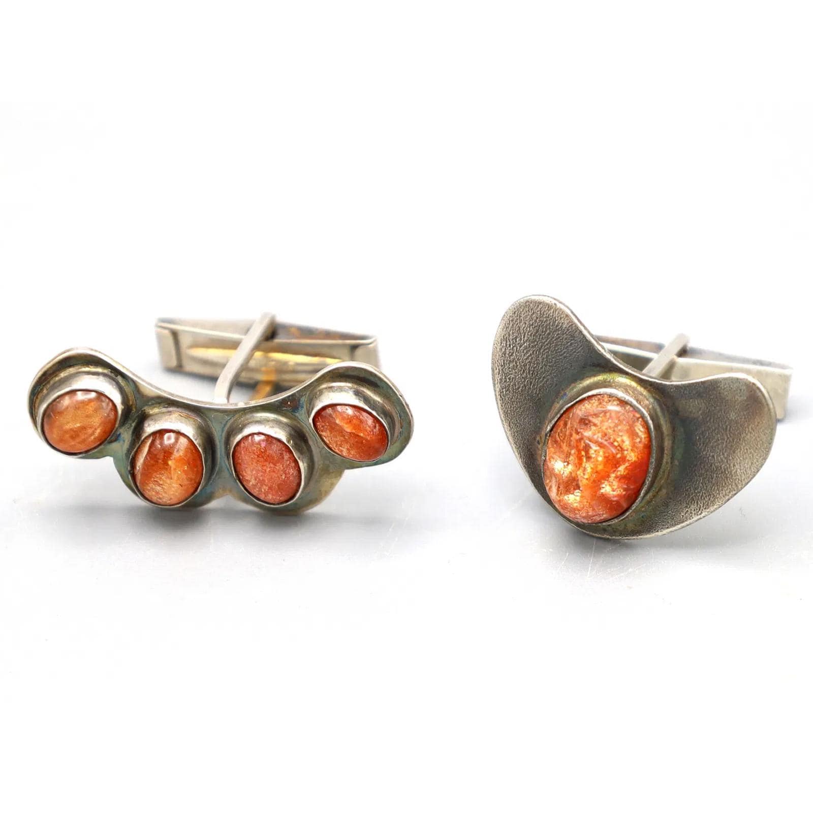 Vintage Mid Century Silver Cufflinks, Mens Jewelry In Modernist Style, Orange Goldstone Cabochons