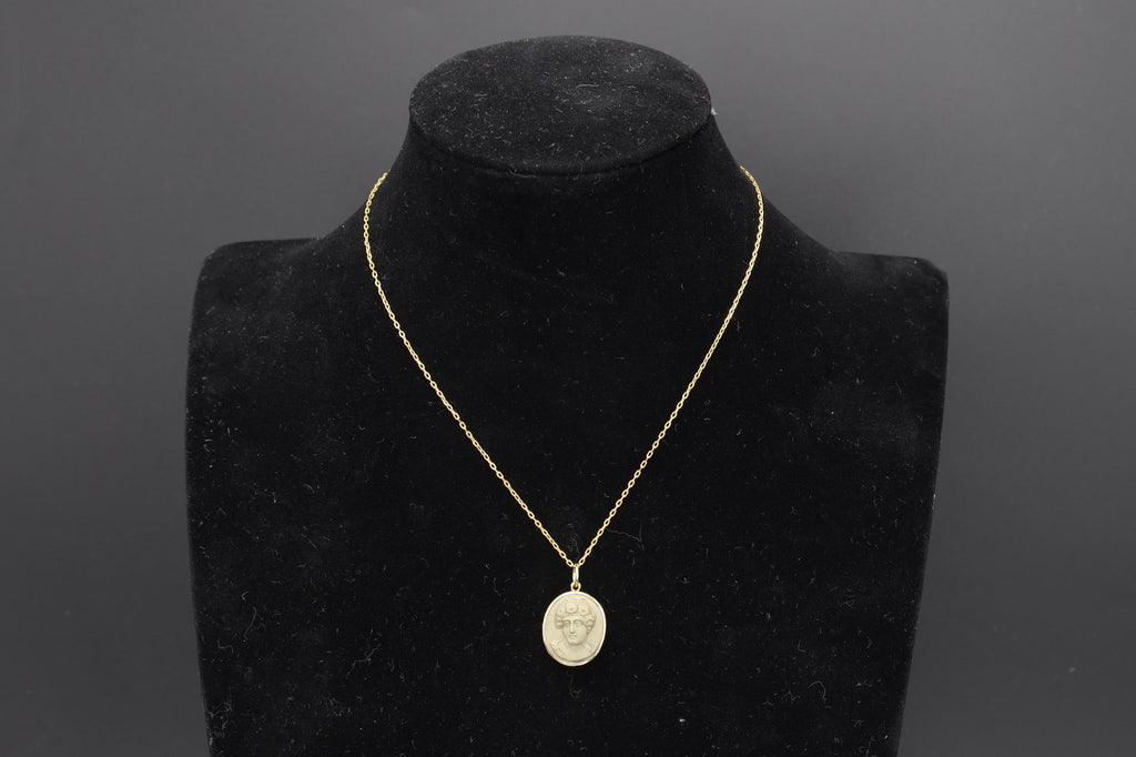 Carved Volcanic Lava Cameos On 13 Karats Rose Gold Pendant, Medusa Gorgoneion And Female Patrician, Gold Wash Chain, Grand Tour Jewelry