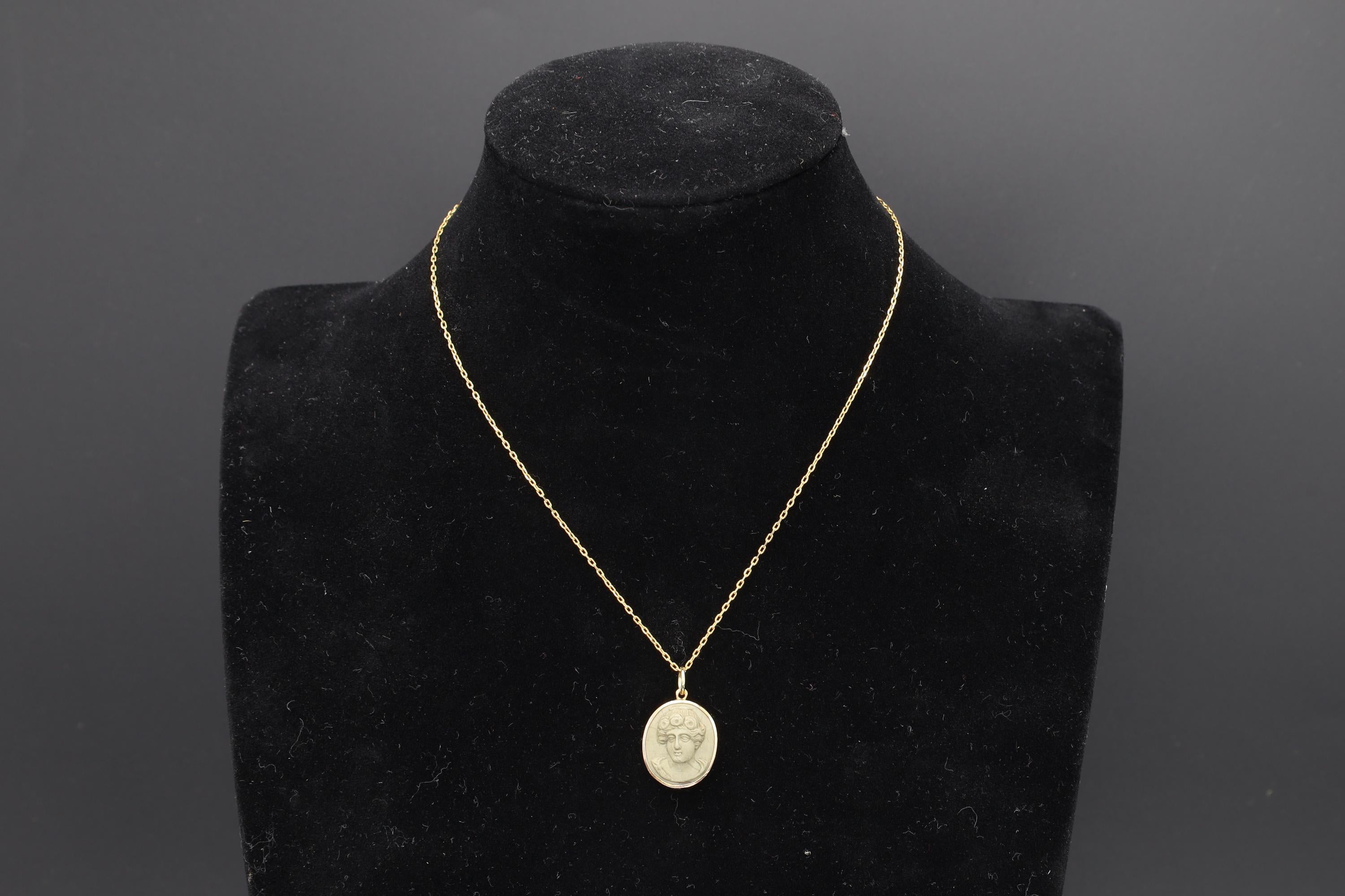 Carved Volcanic Lava Cameos On 13 Karats Rose Gold Pendant, Medusa Gorgoneion And Female Patrician, Gold Wash Chain, Grand Tour Jewelry