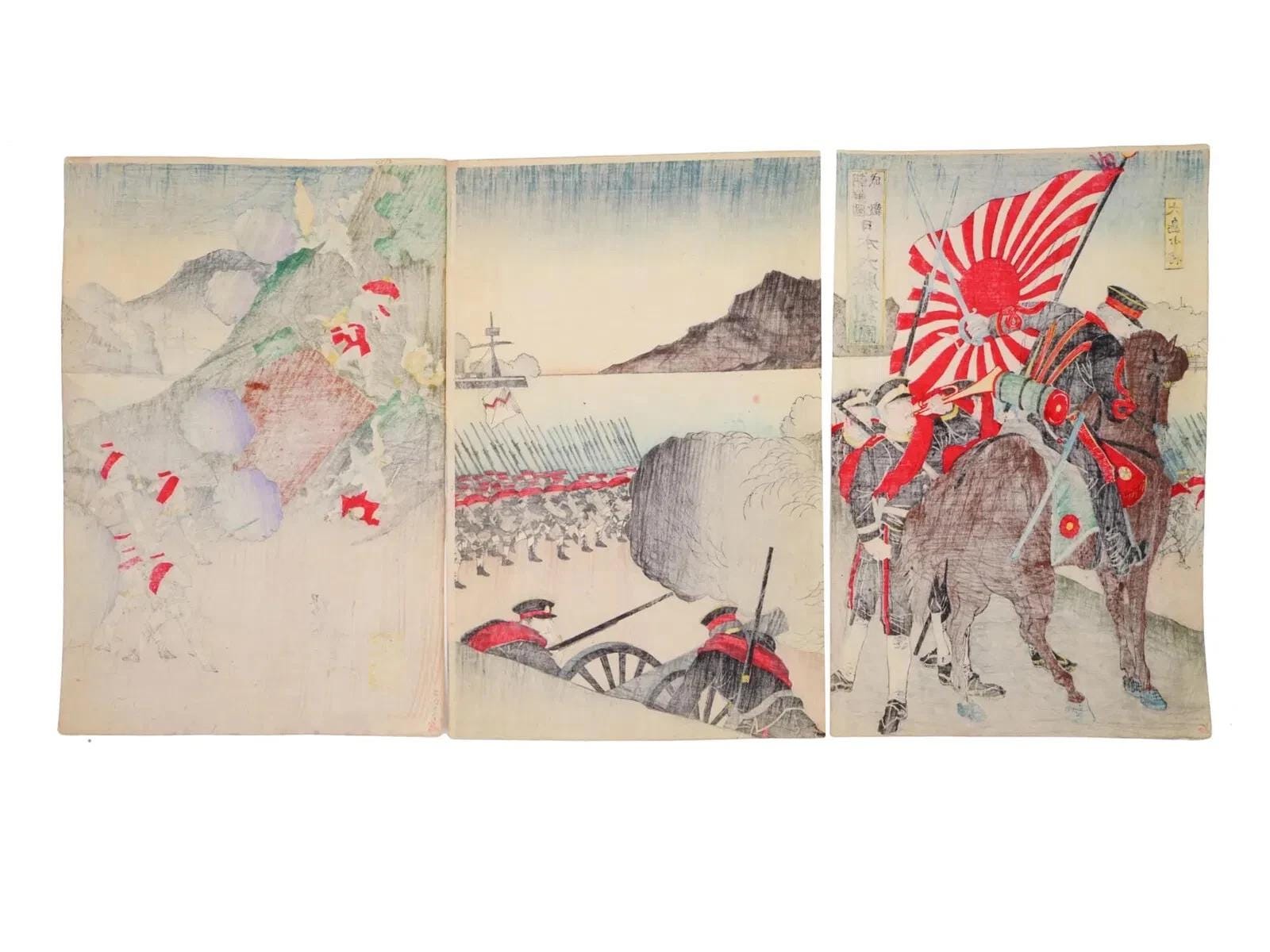 Chikanobu Yoshu, Senso-e Japanese Meiji Era Military Artwork Illustration Triptych, Asian Oriental Art Ukiyoe Print Collectibles