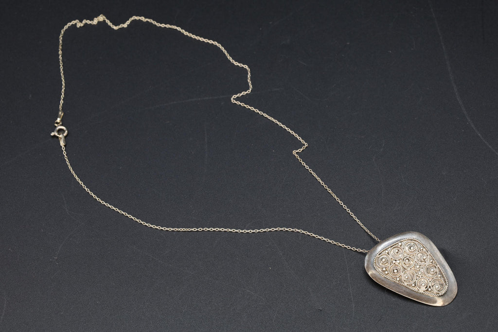 Vintage 1950s Israel Jewelry, 925 Sterling Silver Pendant Necklace, Cannetille Wirework, Middle East Judaica Fashion Accessories