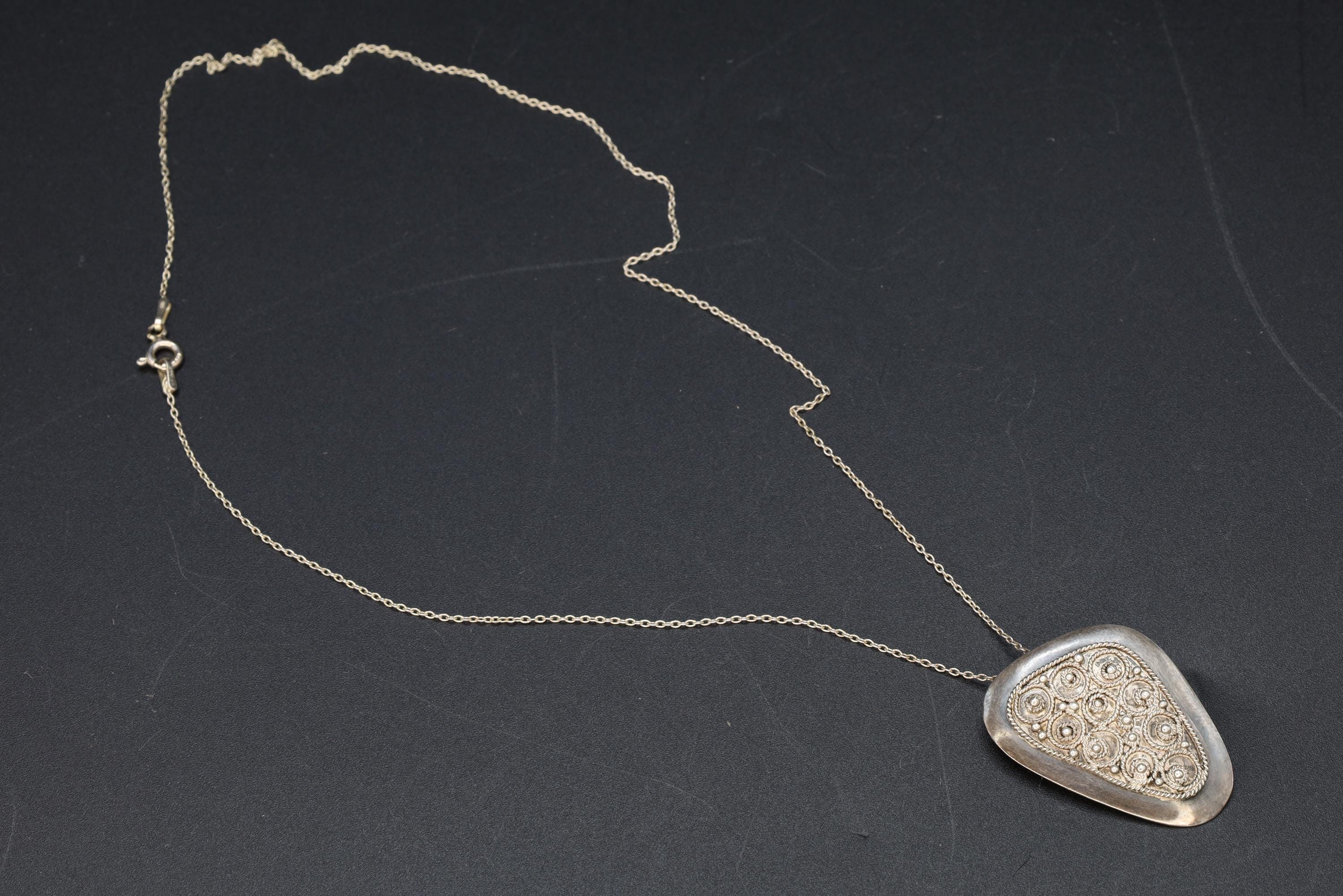 Vintage 1950s Israel Jewelry, 925 Sterling Silver Pendant Necklace, Cannetille Wirework, Middle East Judaica Fashion Accessories