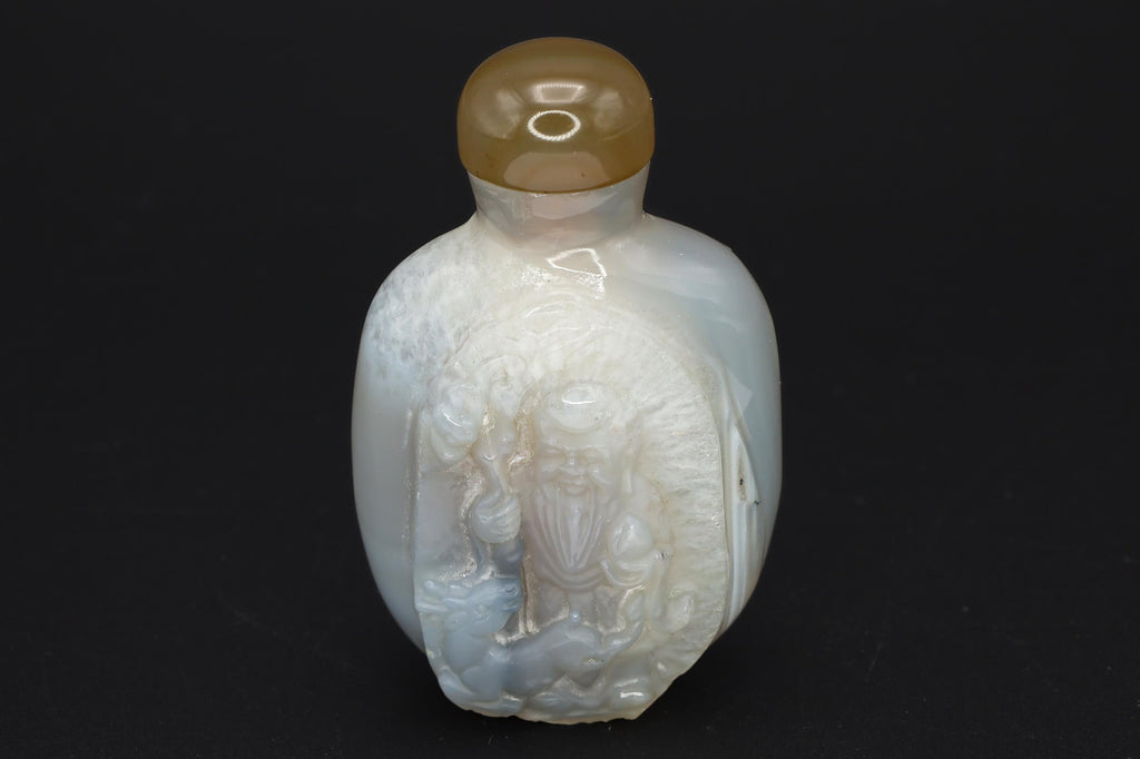 Vintage Early 20th Century Snuff Bottle, Shouxing God On Carved Agate Stone, Perfume Bottle. Asian Oriental Arts Tobacciana Collectibles