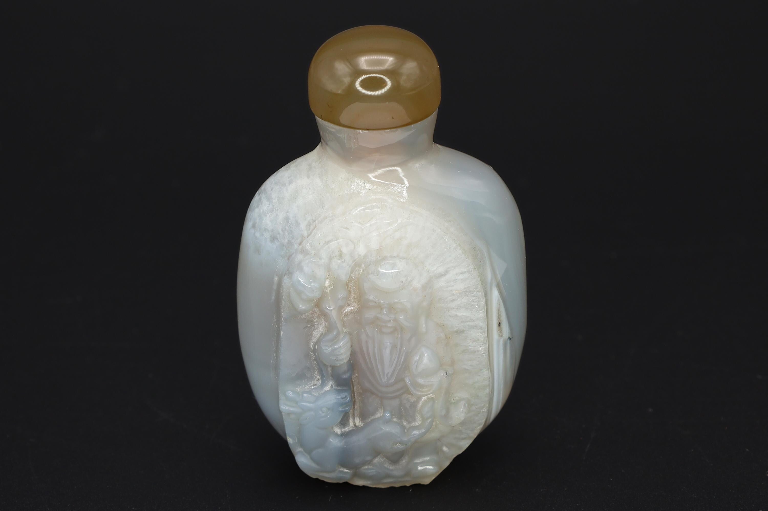 Vintage Early 20th Century Snuff Bottle, Shouxing God On Carved Agate Stone, Perfume Bottle. Asian Oriental Arts Tobacciana Collectibles