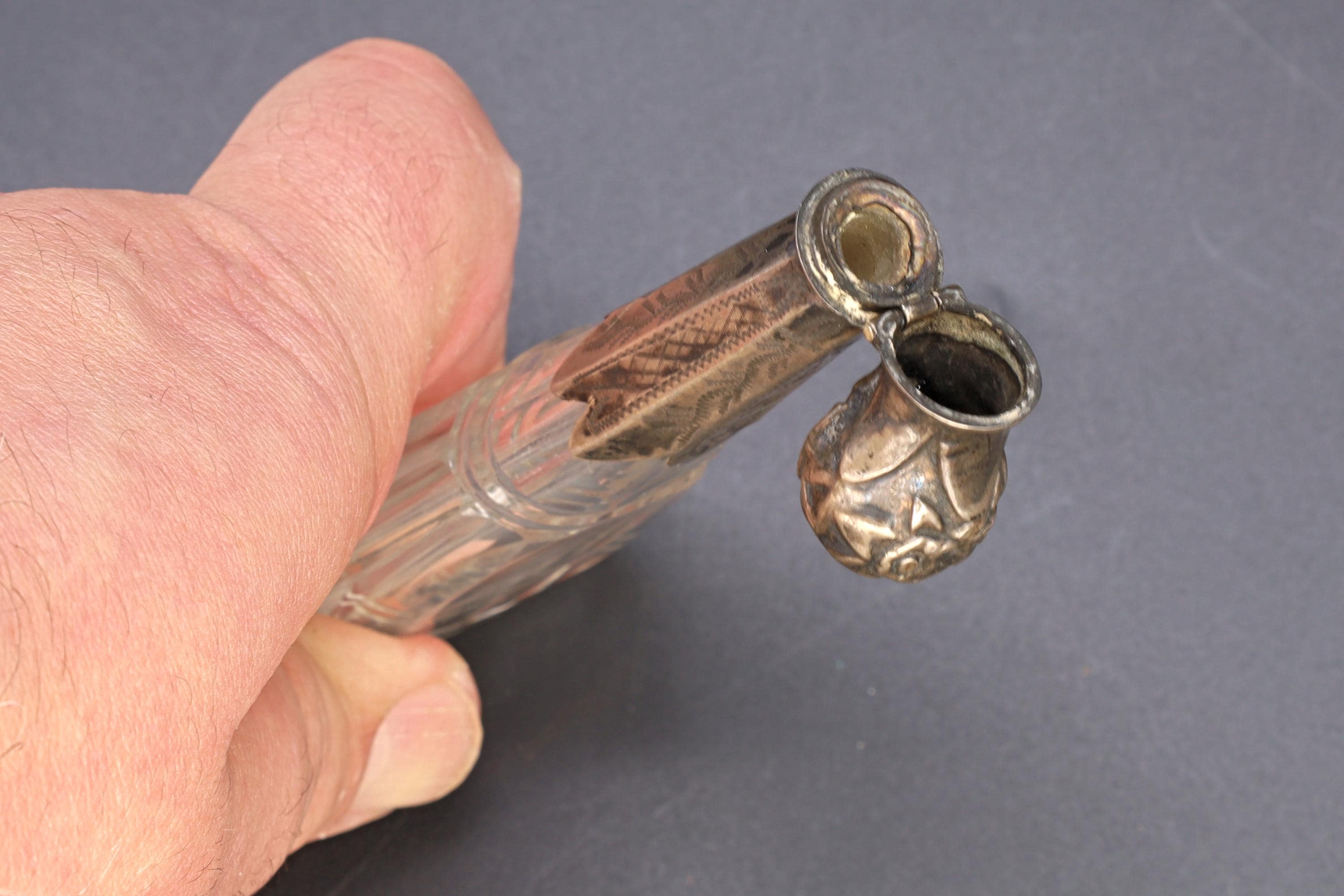 Dutch 19th Century Victorian Lay Down Perfume Bottle, Carved Crystal And Continental 835 Silver, Antique Vanity Collectibles, Netherlands