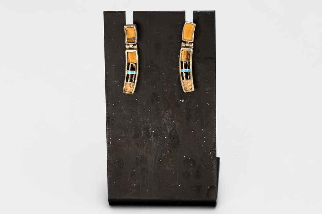 Vintage 1990s Multistone Mosaic Dangle Earrings, Zuni Native American Style Jewelry, 925 Sterling Silver And Jasper, Onyx, Opal