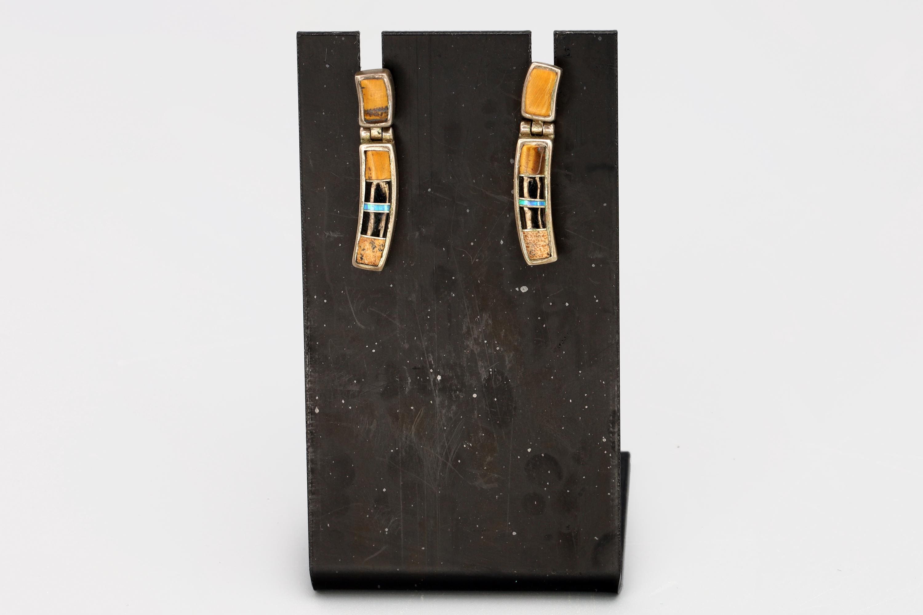 Vintage 1990s Multistone Mosaic Dangle Earrings, Zuni Native American Style Jewelry, 925 Sterling Silver And Jasper, Onyx, Opal