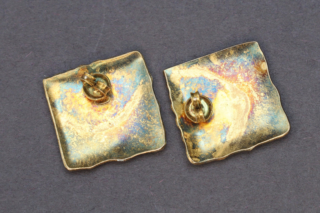 Sea Water Blue Enamel And Gold Gilt Sterling Silver Earrings, Large Square Studs, Vintage 1980s Womens Jewelry, Retro Fashion Accessories