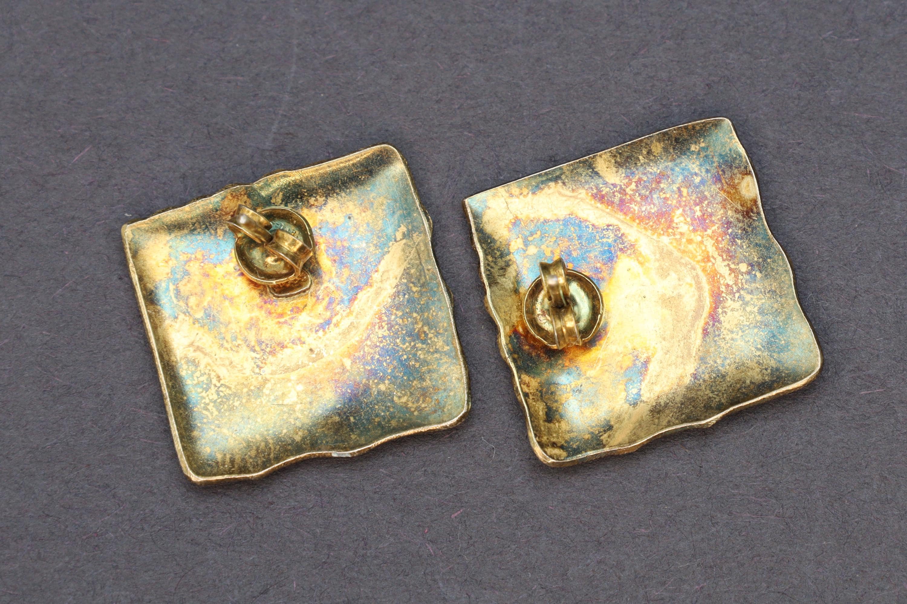 Sea Water Blue Enamel And Gold Gilt Sterling Silver Earrings, Large Square Studs, Vintage 1980s Womens Jewelry, Retro Fashion Accessories