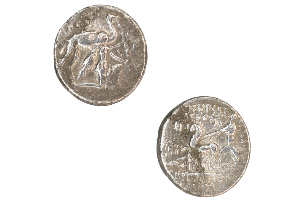 Ancient Roman Republic, Silver Denarius Coin, Surrender Of King Aretas III Of Nabatea, Camel And Cuadriga, Numismatics And Antiquities