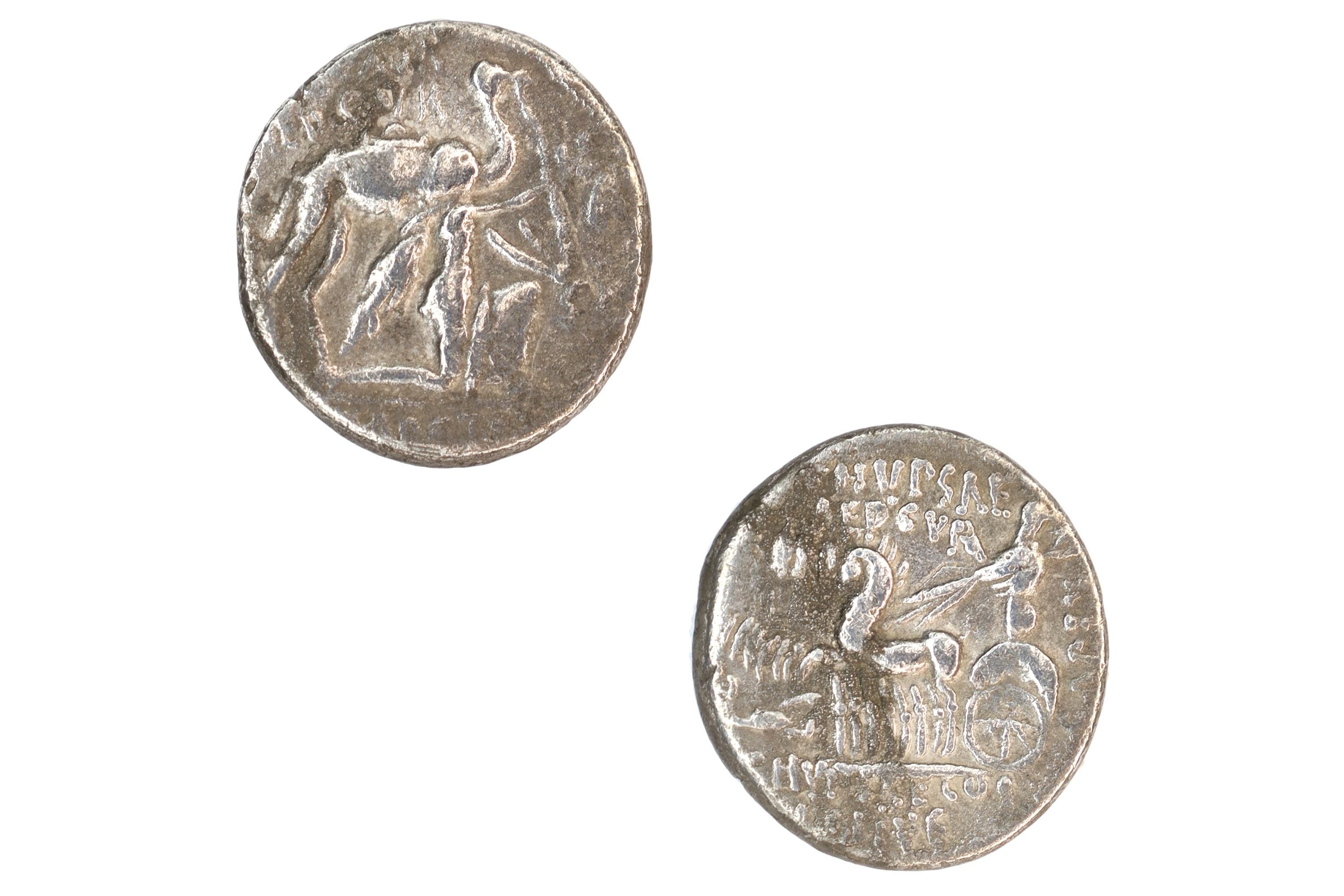 Ancient Roman Republic, Silver Denarius Coin, Surrender Of King Aretas III Of Nabatea, Camel And Cuadriga, Numismatics And Antiquities