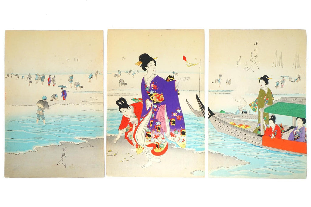 Clam Digging, Antique 1897 Triptych Of Ukiyo-e Color Woodblock Print By Chikanobu Yoshu, East Asia Oriental Art Print Collectibles