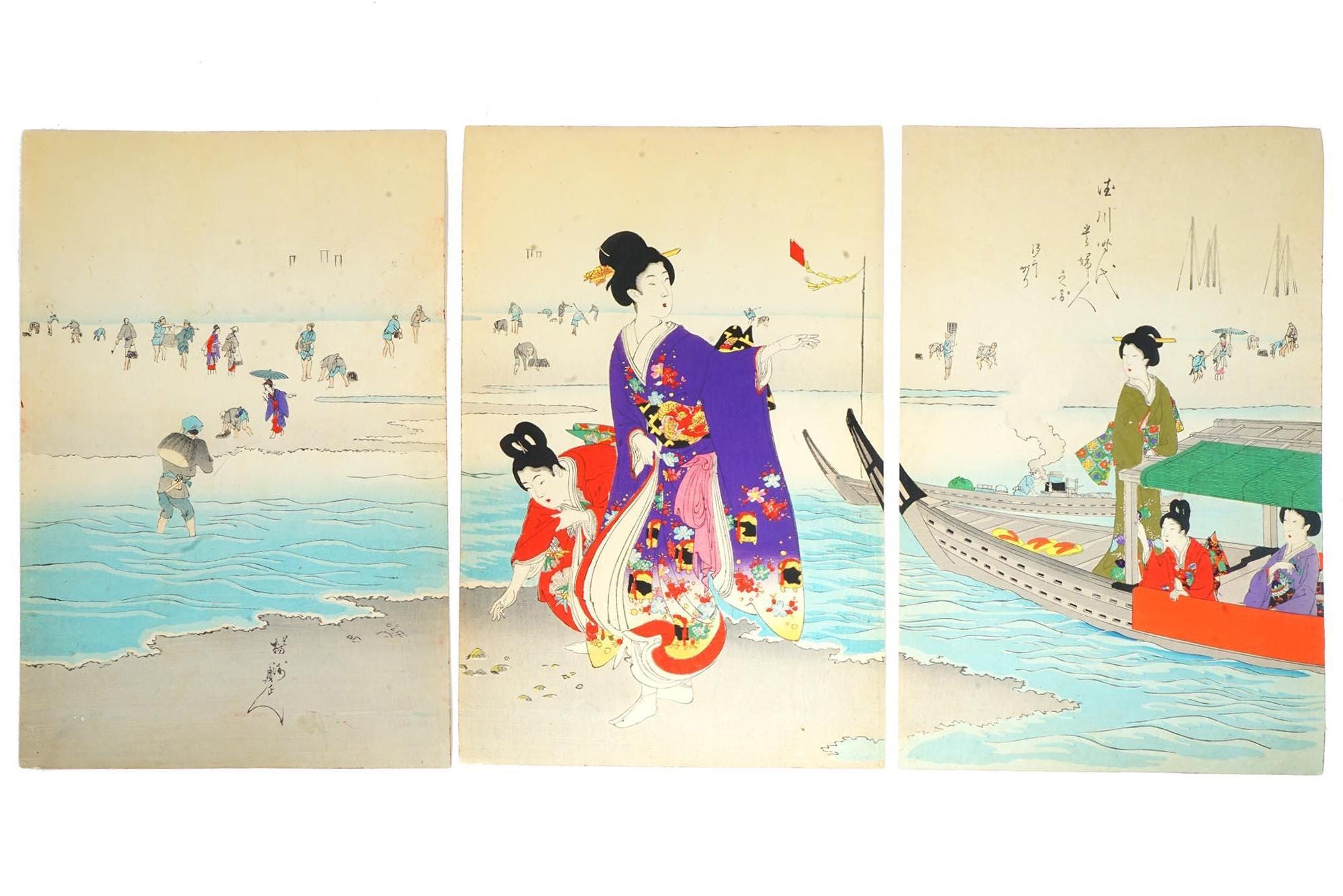 Clam Digging, Antique 1897 Triptych Of Ukiyo-e Color Woodblock Print By Chikanobu Yoshu, East Asia Oriental Art Print Collectibles