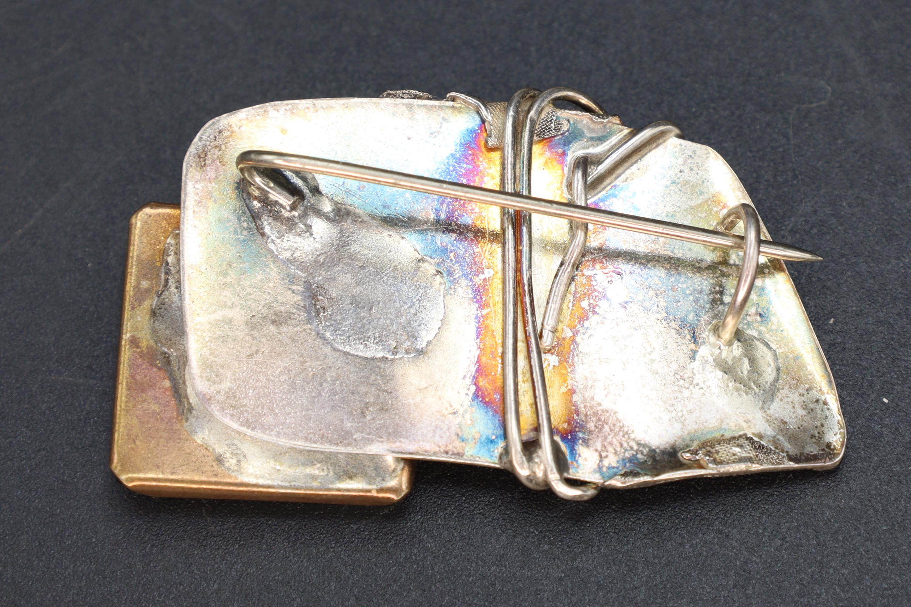 Brutalist Jewelry Brooch Pin, California USA 1980s, Sterling And Black Onyx Cabochon, Modernist Jewelry Art, Retro Fashion Accessories