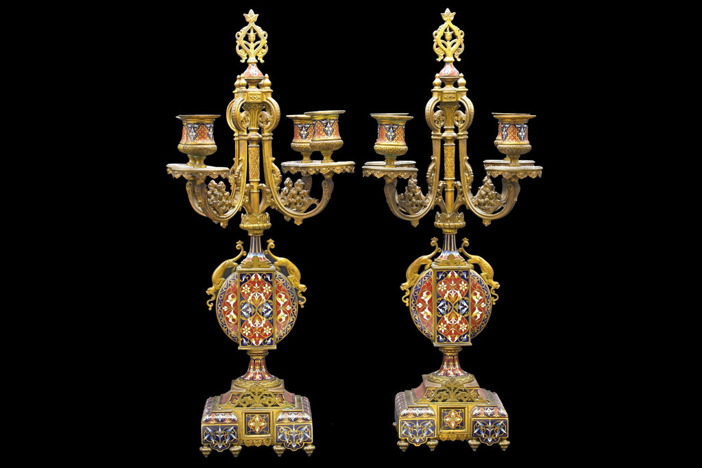 Late 19th Century, Clock And Candelabra Set Morish Style Retailed By Tiffany's In France, Art Nouveau Set