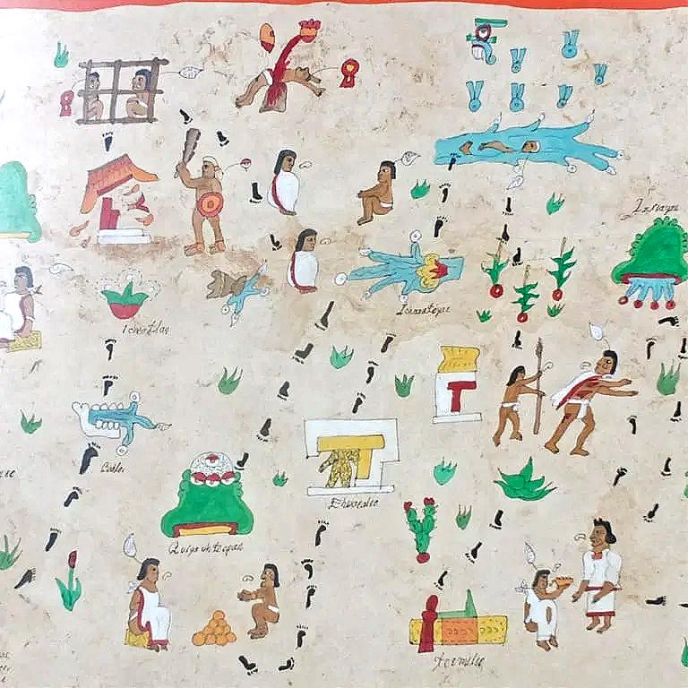 Aztec Pictograph Codex Page, A Handmade Copy By Archaelogist Julio Jorge Celis Polanco, Prehispanic Mexico, Precolumbian Antiquities Art