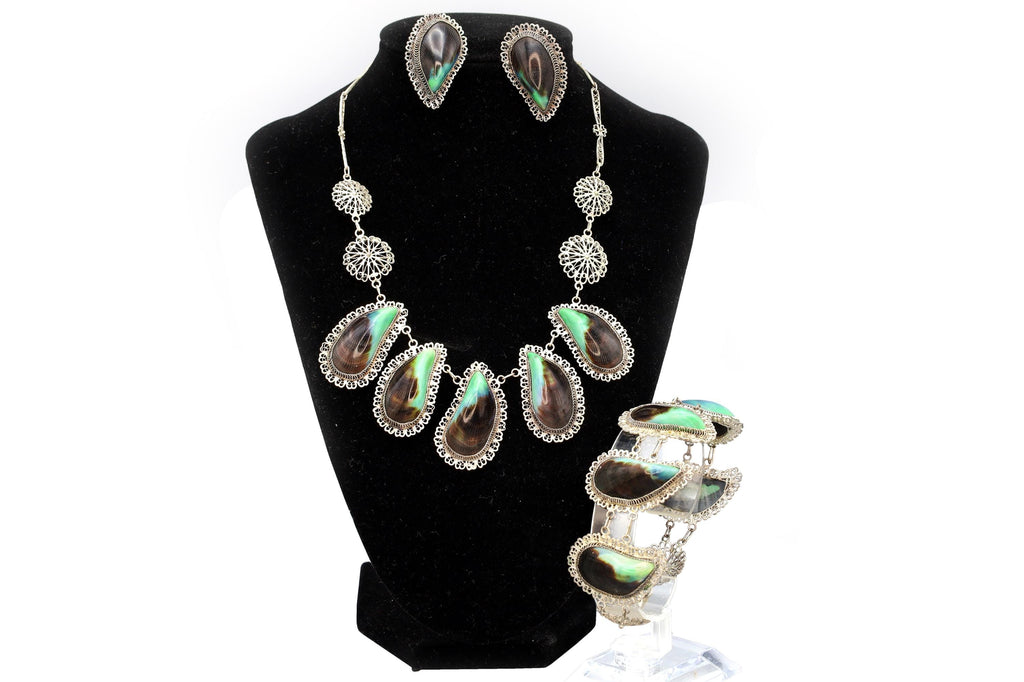 SUPER RARE, Art Deco Jewelry Set, Necklace, Bracelet And Earrings, Portuguese 800 Silver And Mussels Shells, Wirework Cannetille Ca 1930s
