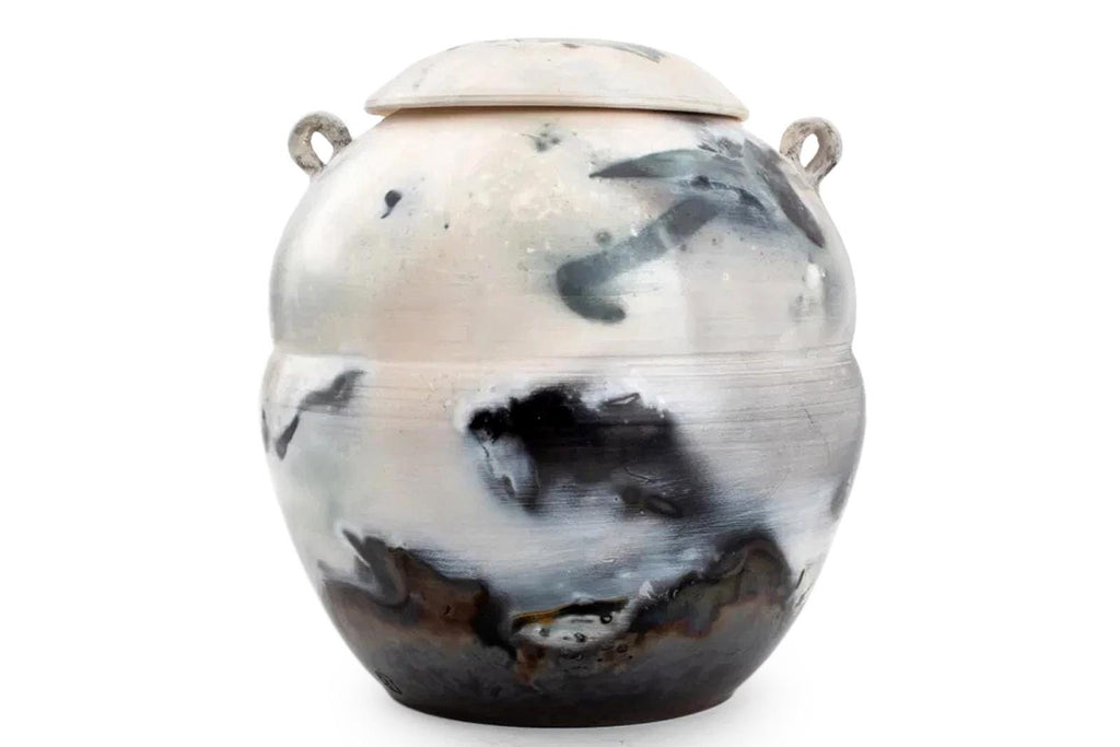 Andre Namenek, Abstract Contemporary Design Art Pottery Covered Jar, 1989 Signed. A Round Brutalist Modernist Jar With White And Blue Glaze
