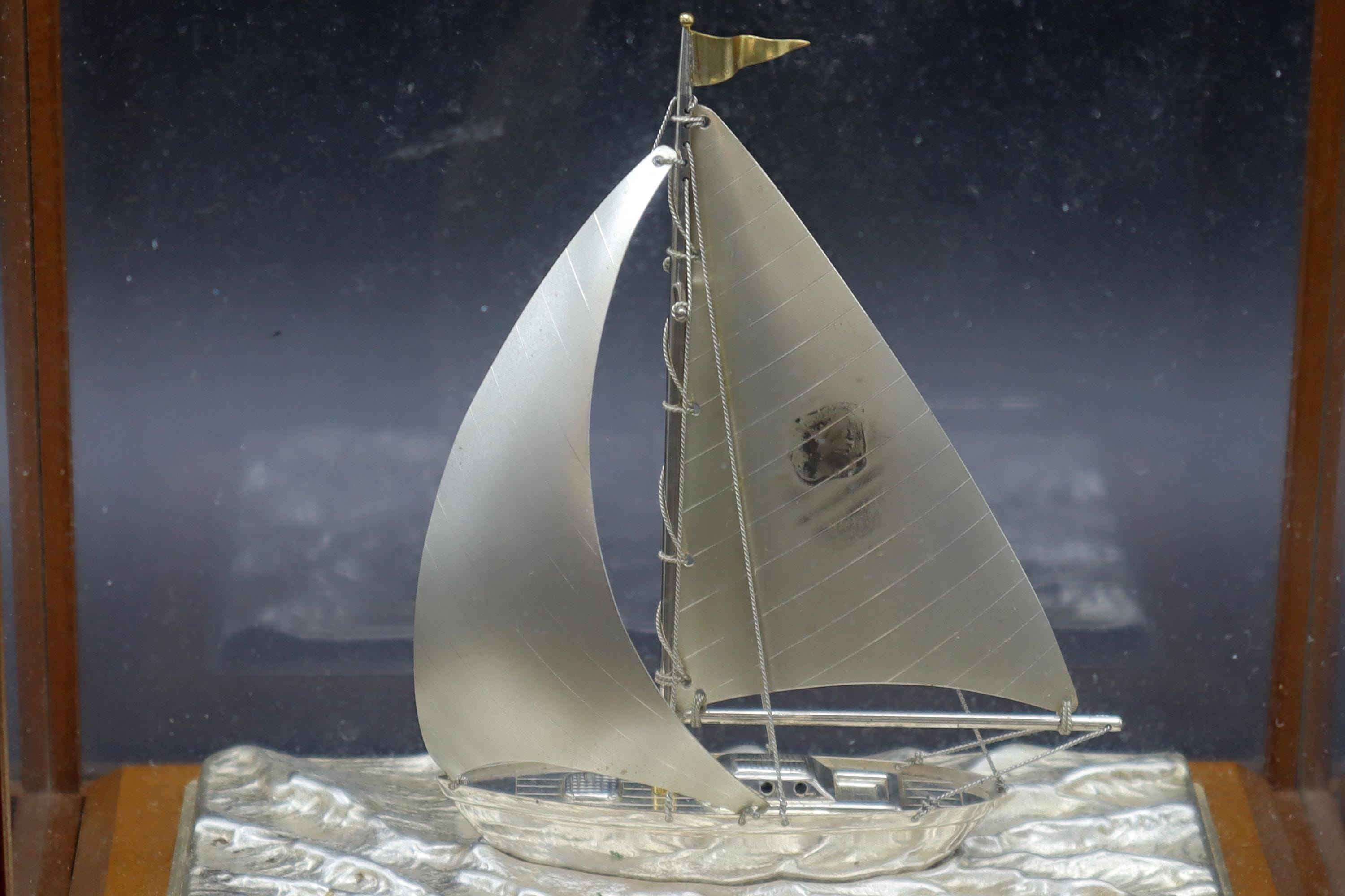 Vintage Handmade And Finely Detailed Silver Electroplated Model Of A Sailing Ship, Sports Boat Sculpture By Japanese Artist Seki Takehiko