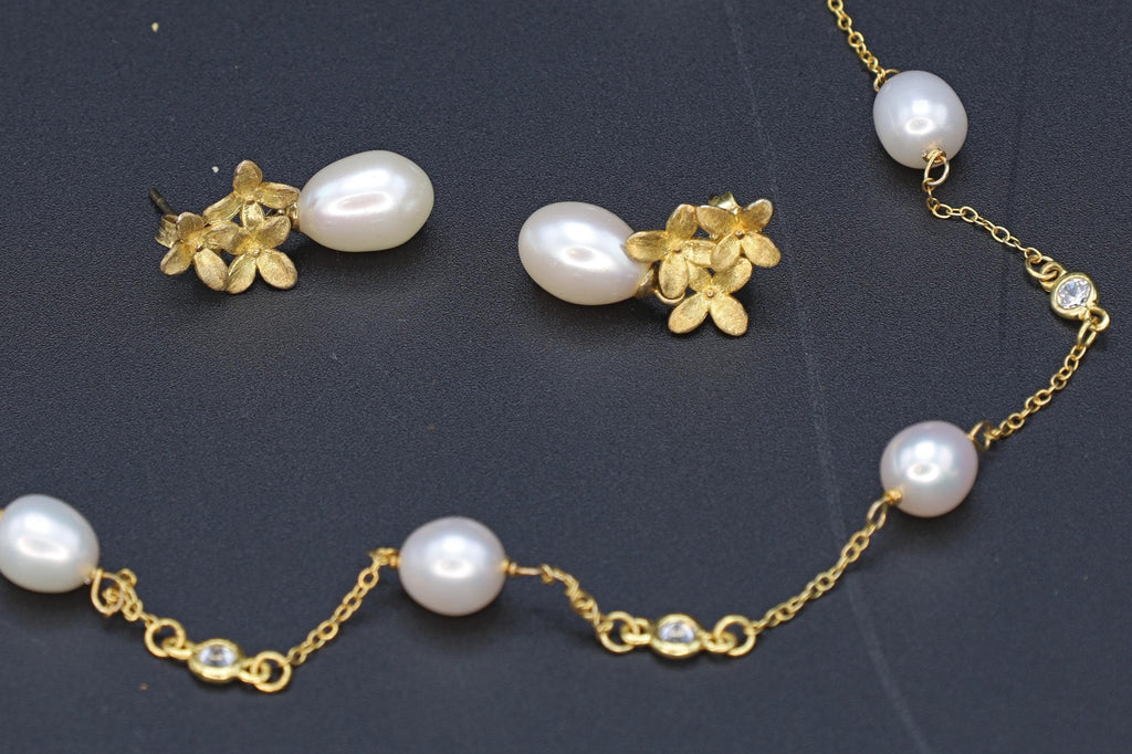 Beaded Necklace And Dangle Earrings Jewelry Set, Pearl And Cut Glass Saturn Chain, Gold Gilt Vermeil On Sterling Silver, Fashion Accessories