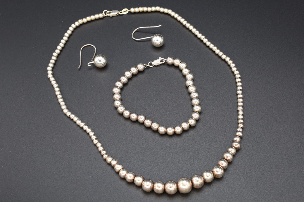 Mid Century Ball Beads Jewelry Set, Beaded Necklace And Bracelet, Dangle Earrings, 925 Sterling Silver, Retro Fashion Accessories, Woman