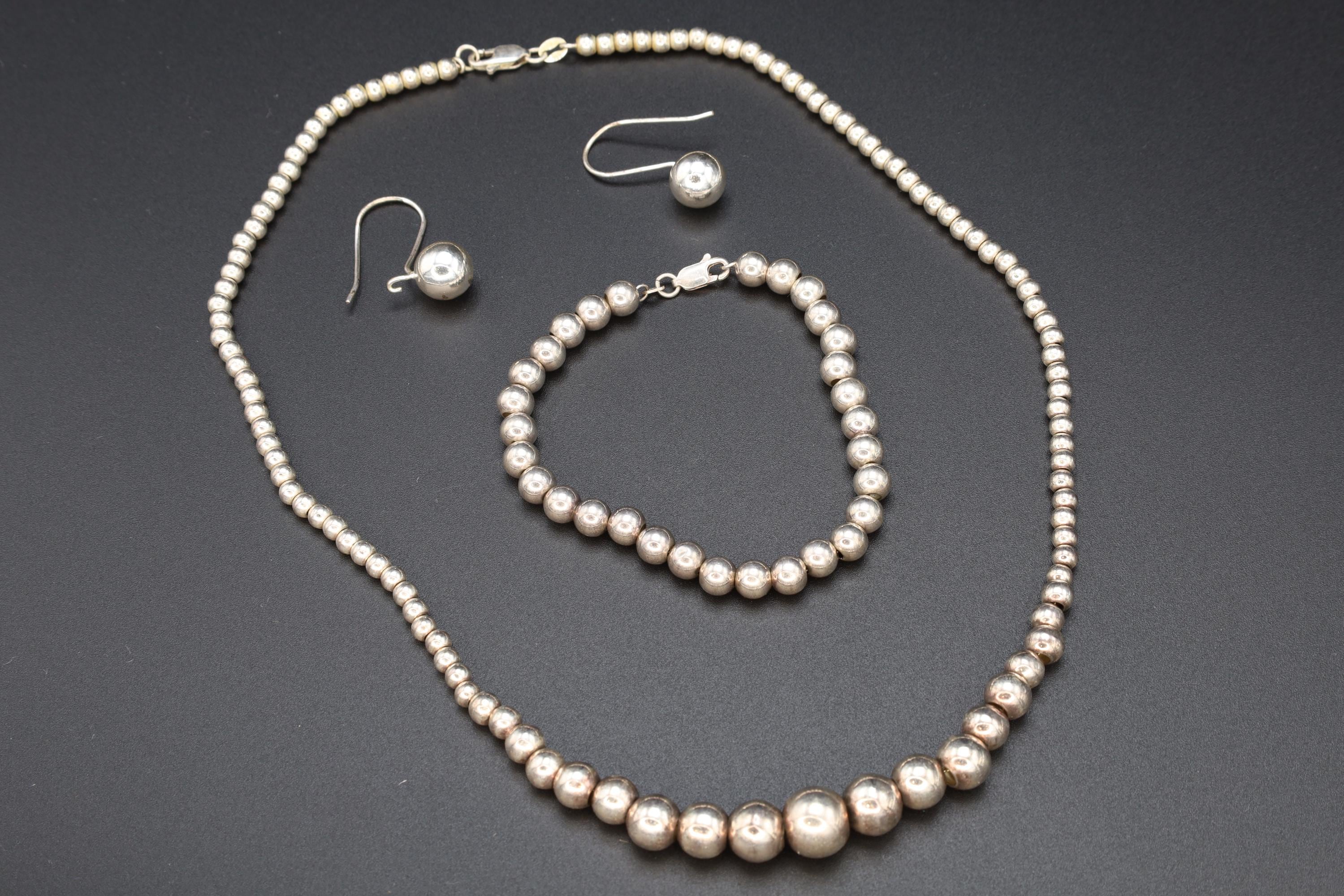 Mid Century Ball Beads Jewelry Set, Beaded Necklace And Bracelet, Dangle Earrings, 925 Sterling Silver, Retro Fashion Accessories, Woman