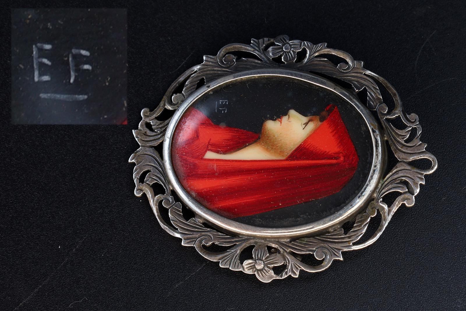 Saint Fabiola Of Rome, Antique 800 Silver Brooch Pin With A Hand Painted Religious Icon Medaillon, Art Deco Miniature Jewelry From Italy