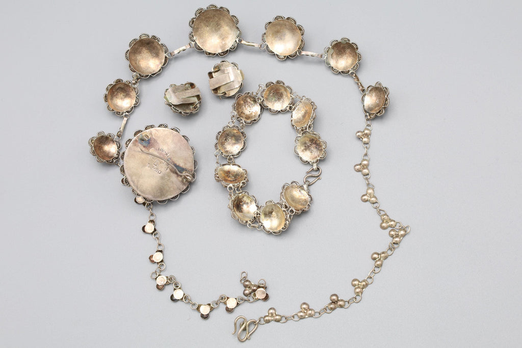 Art Deco Parure Jewelry Set Made With 950 Sterling Silver In Mexico, Cannetille Etruscan Flowers Pattern, Handmade Fashion Accessories