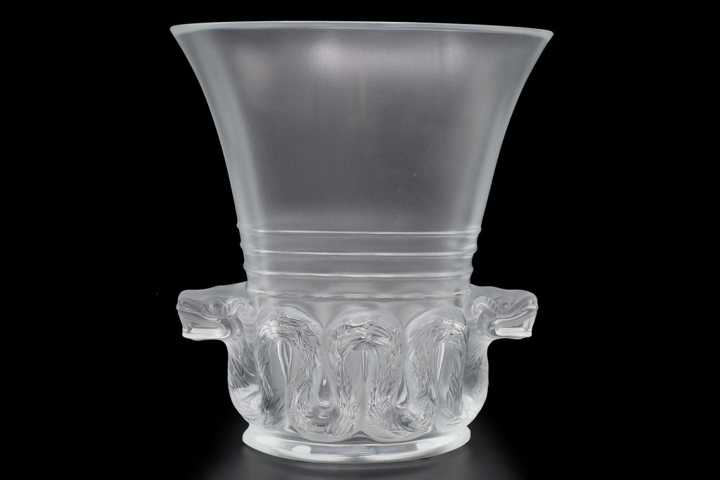 Rene Lalique, Aztec Quetzalcoatl Floral Vase, Clear And Frosted Glass France. Art Deco Style Vessel With Mesoamerican Motifs, Mayan Kukulkan