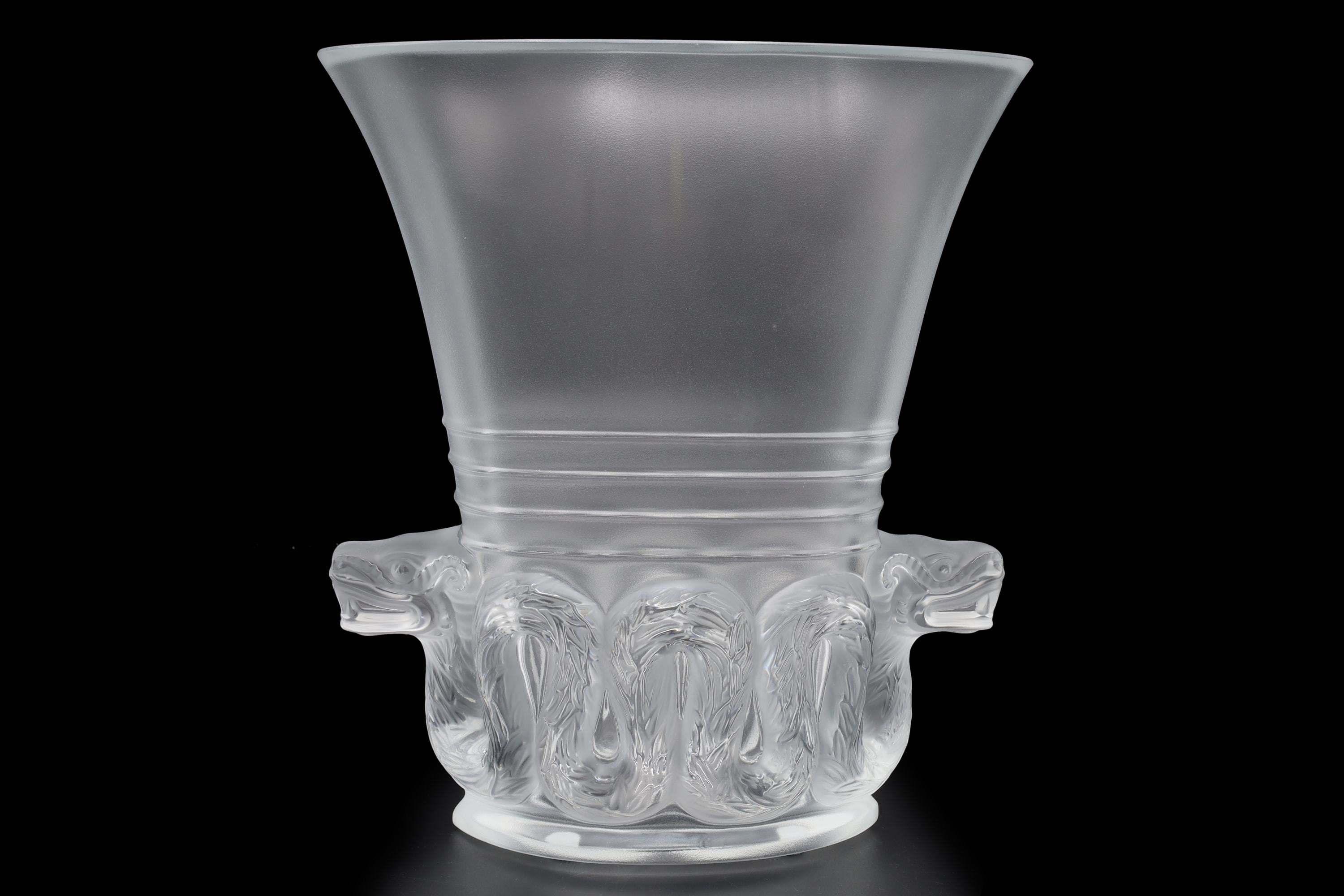 Rene Lalique, Aztec Quetzalcoatl Floral Vase, Clear And Frosted Glass France. Art Deco Style Vessel With Mesoamerican Motifs, Mayan Kukulkan