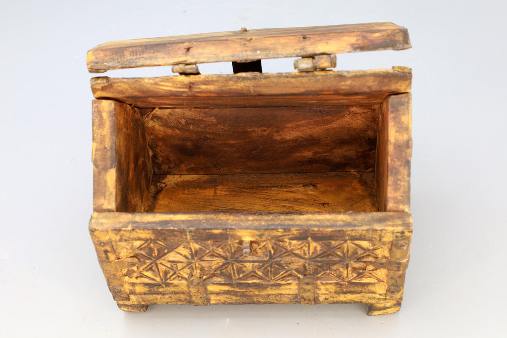 Antique 19th Century Jewelry Chest, Colonial India. Ethnic Rustic Wooden Trunk Box, South Asia Folk Art, Oriental Crafts And Collectibles