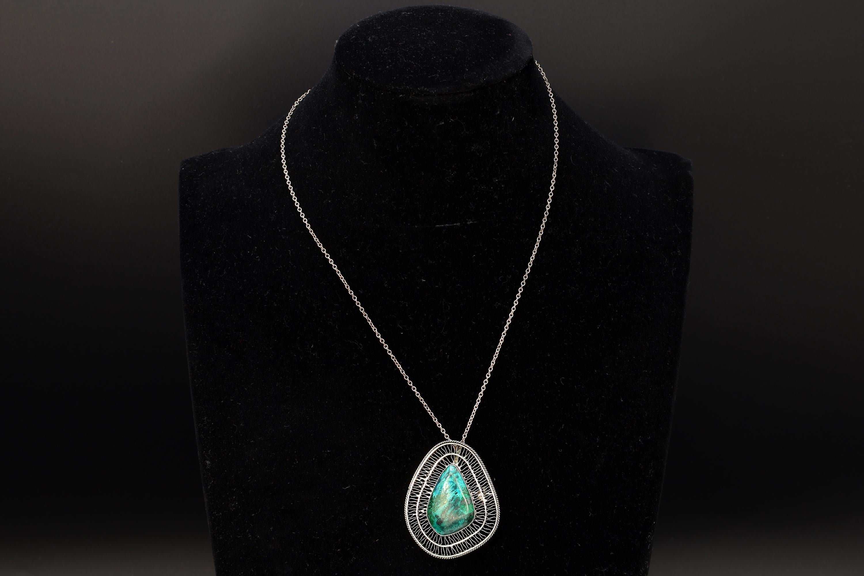 Vintage 1950s Israel Jewelry, 925 Sterling Silver And  Eilat Stone Pendant Necklace, Cannetille Wirework, Middle East Fashion Accessories