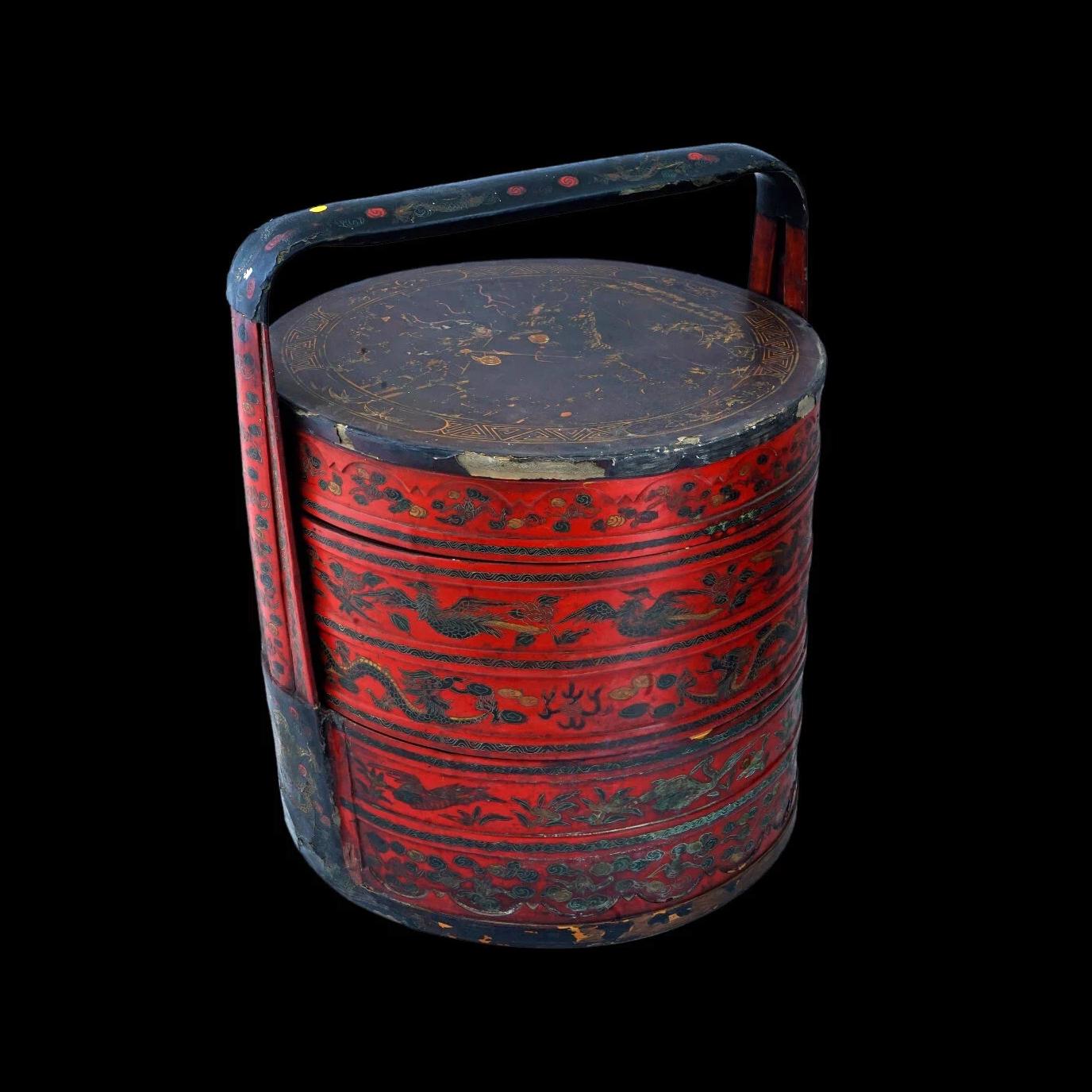 Antique Late 1800s Qing Dynasty Chinese Rice Bucket, Wooden Picnic Red Basket, Wedding Gifts, Hamper With Top Lid, Dry Food Nuts Container