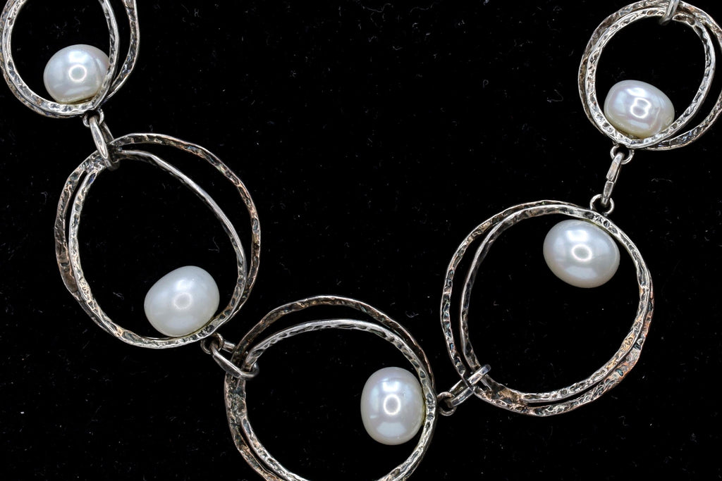 Brutalist Israel Bib Necklace, 925 Sterling Silver And Pearls, Modernist Designs By RL Regina Lane, Modernist Fashion Accessories