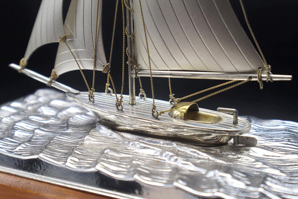 1970s Handmade And Finely Detailed Silver Electroplated Model Of A Sailing Ship, Sports Boat Sculpture By Japanese Silversmith Seki Takehiko