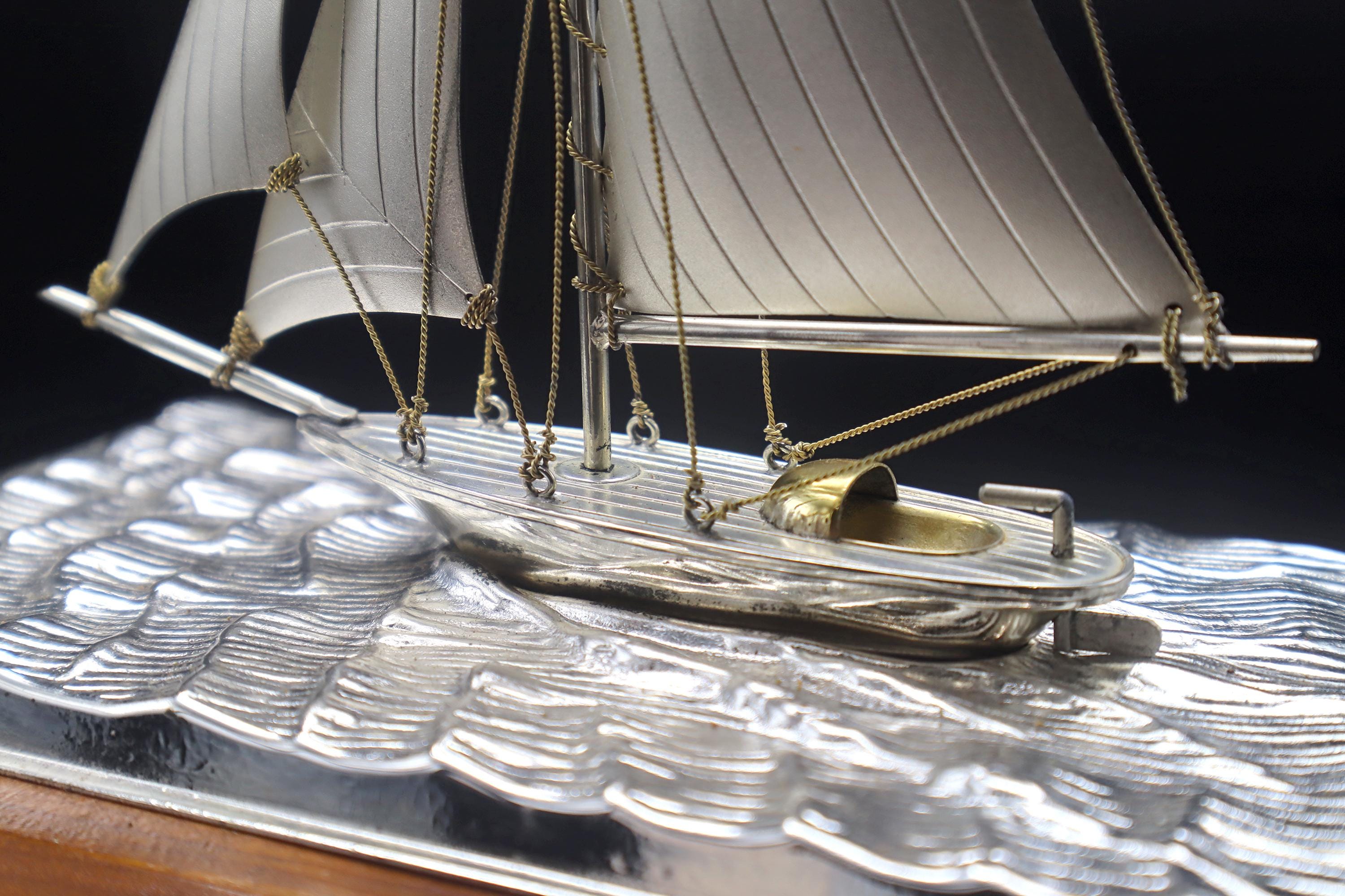 1970s Handmade And Finely Detailed Silver Electroplated Model Of A Sailing Ship, Sports Boat Sculpture By Japanese Silversmith Seki Takehiko