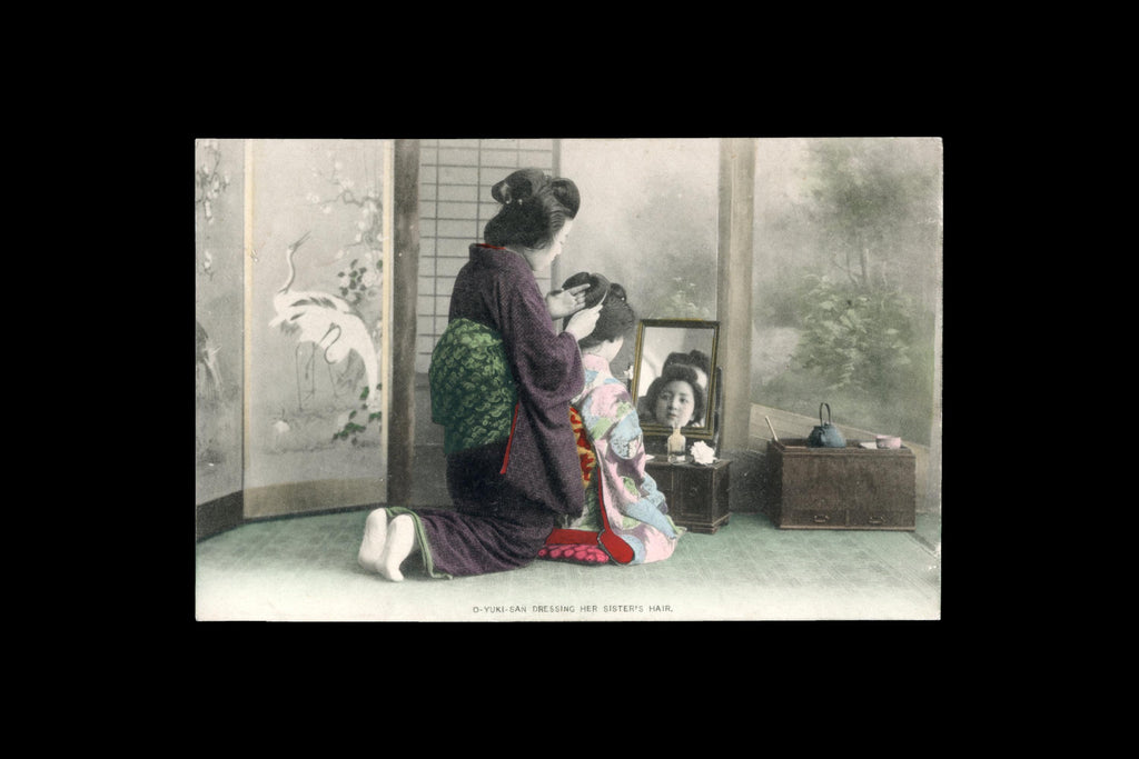 Uncirculated Postcard From Japan, Early 20th Century Hand Colored Postal Memorabilia, OkikuSan And AyameSan Shimada Hairstyle, Late Meiji