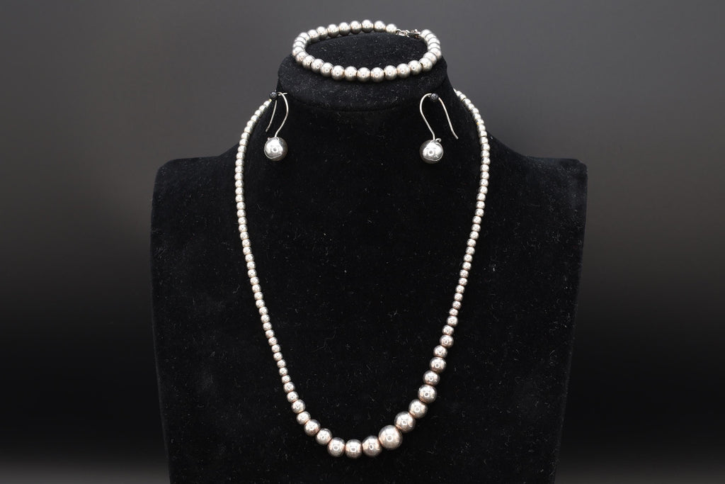 Mid Century Ball Beads Jewelry Set, Beaded Necklace And Bracelet, Dangle Earrings, 925 Sterling Silver, Retro Fashion Accessories, Woman