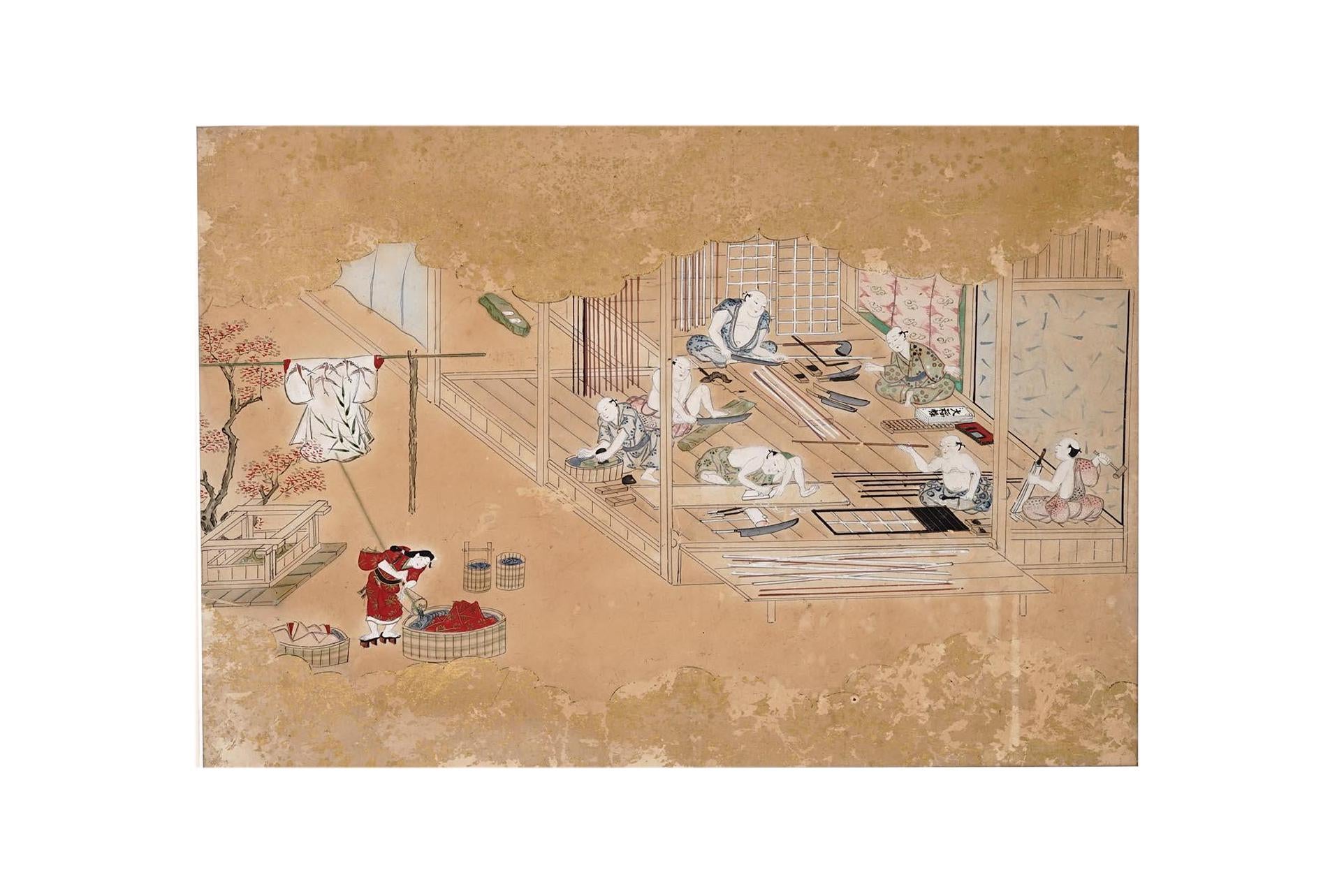 Edo Period Hand Painted Scroll, Early 19th Century Japanese Emakimono Fragment Depicting People Working In A Wood Workshop And Laundry