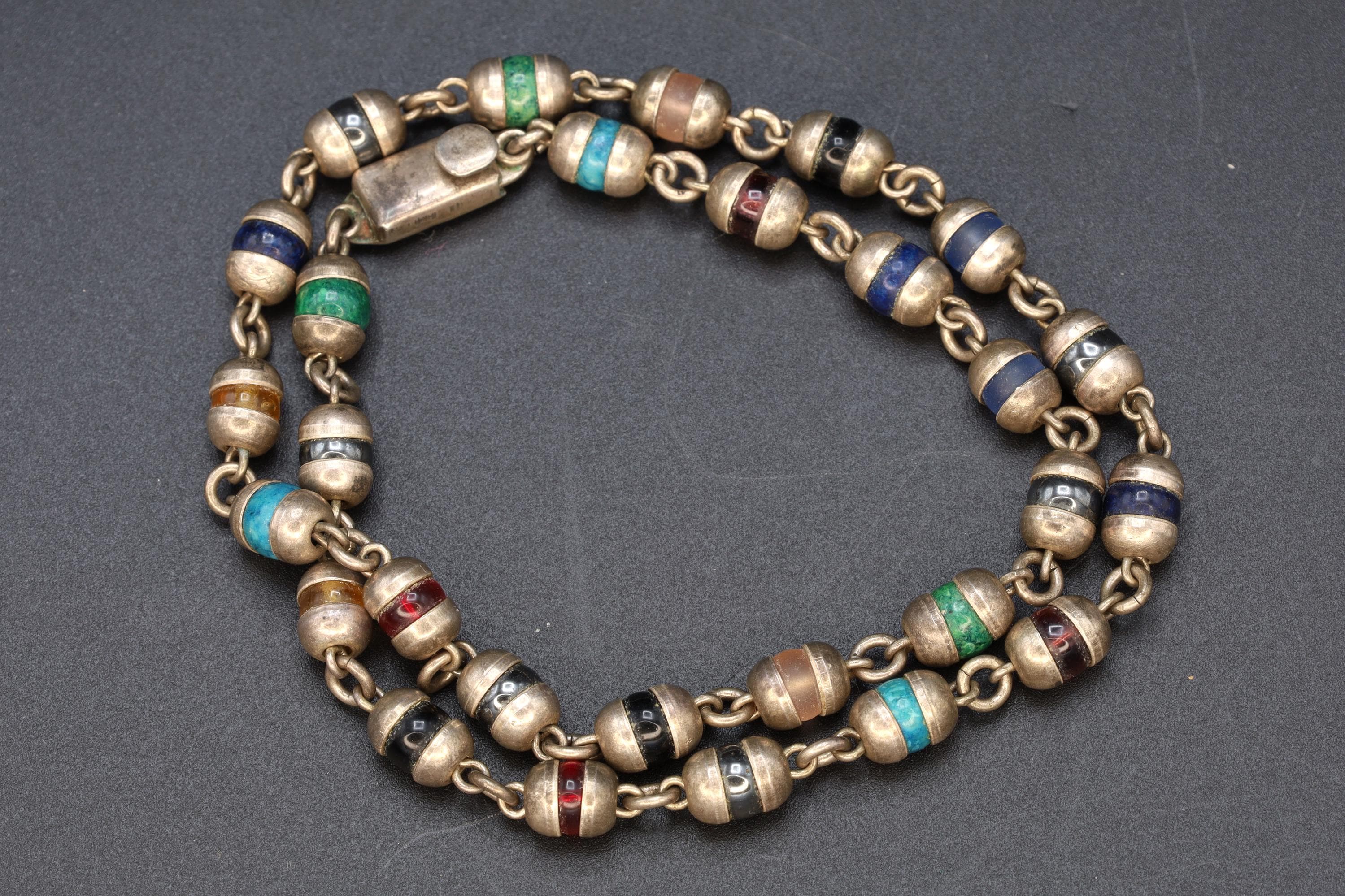 Taxco Mexico Necklace, 925 Sterling Silver Multi Color Round Cap End Capsule Link, Modernist Jewelry Unisex, Round Beaded Jewelry
