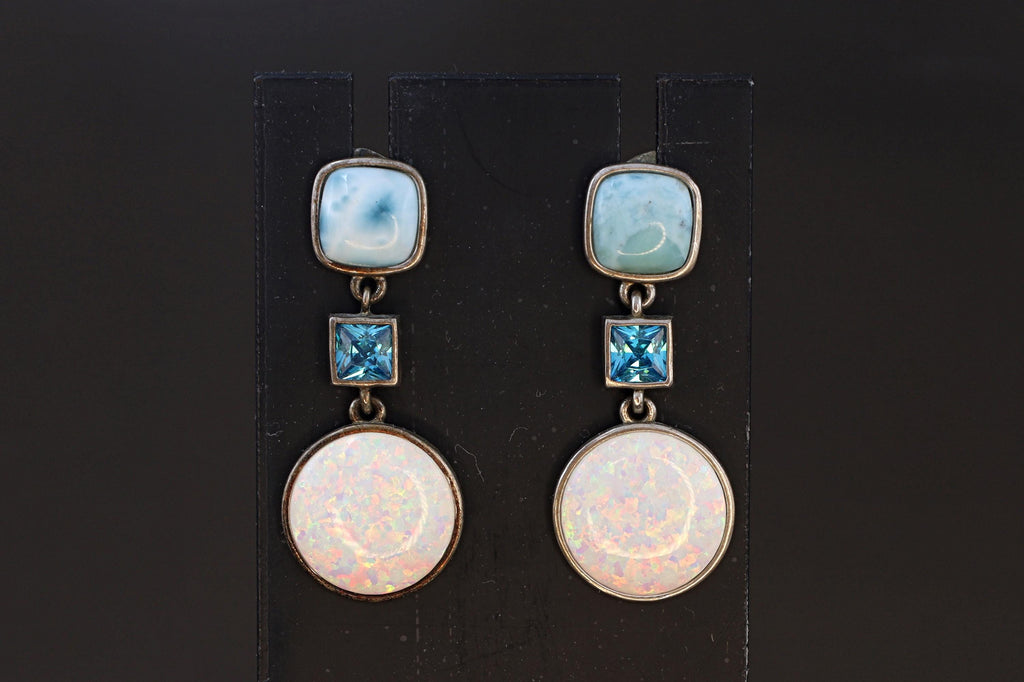 Avant Garde Drop Dangle Earrings, 925 Sterling Silver, Blue Larimar, Blue Topaz And Lab Opal Stones, Retro Fashion Jewelry, Vintage Dangles