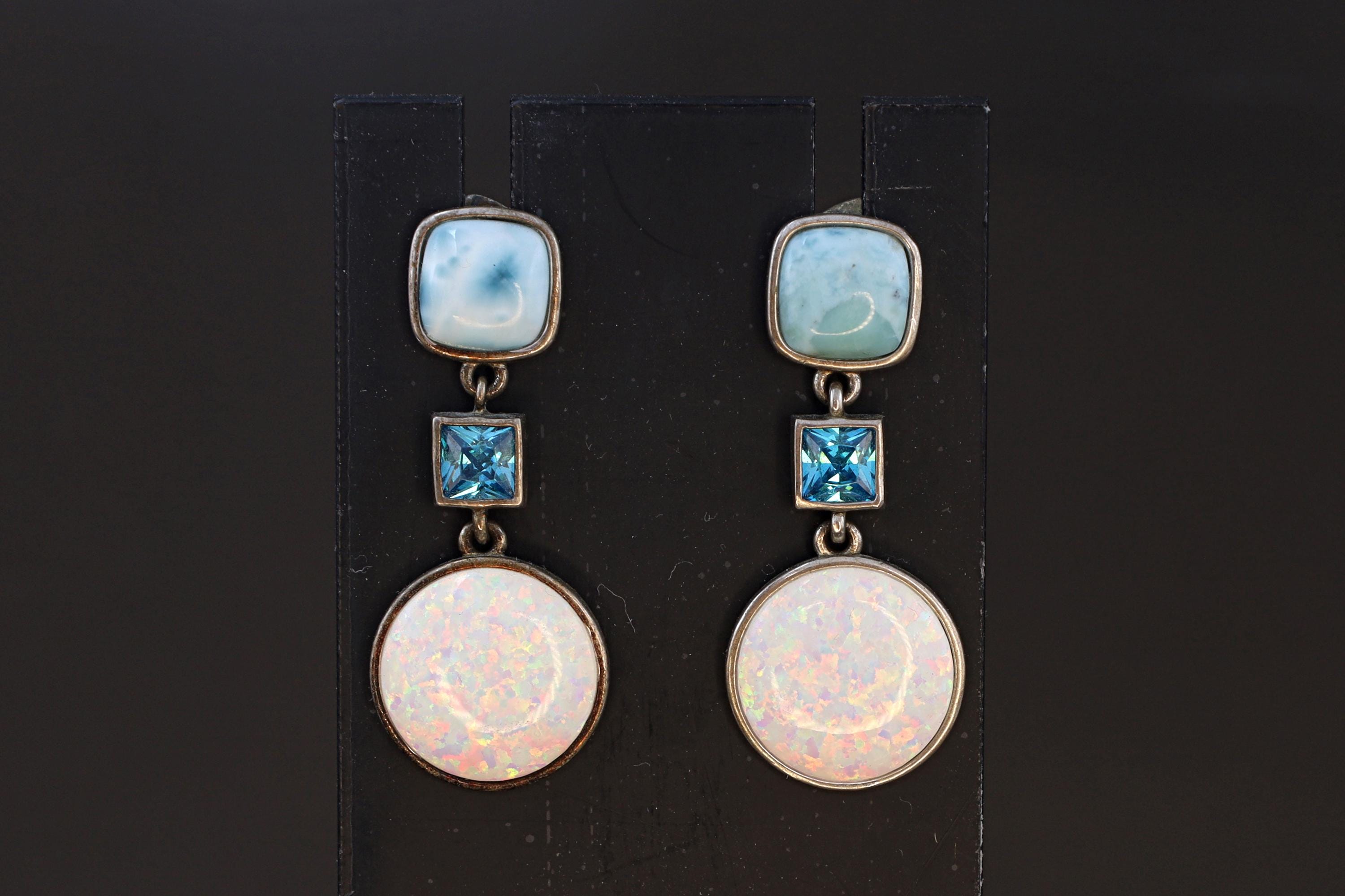 Avant Garde Drop Dangle Earrings, 925 Sterling Silver, Blue Larimar, Blue Topaz And Lab Opal Stones, Retro Fashion Jewelry, Vintage Dangles
