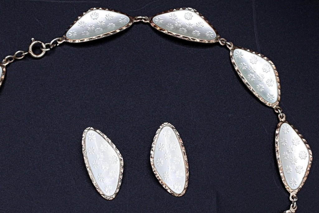 Andresen Scheinpflug, Vintage Modernist Jewelry Set, White Enamel And 925 Sterling Silver, Oval Ear Panel Links, Norway Scandinavian Fashion