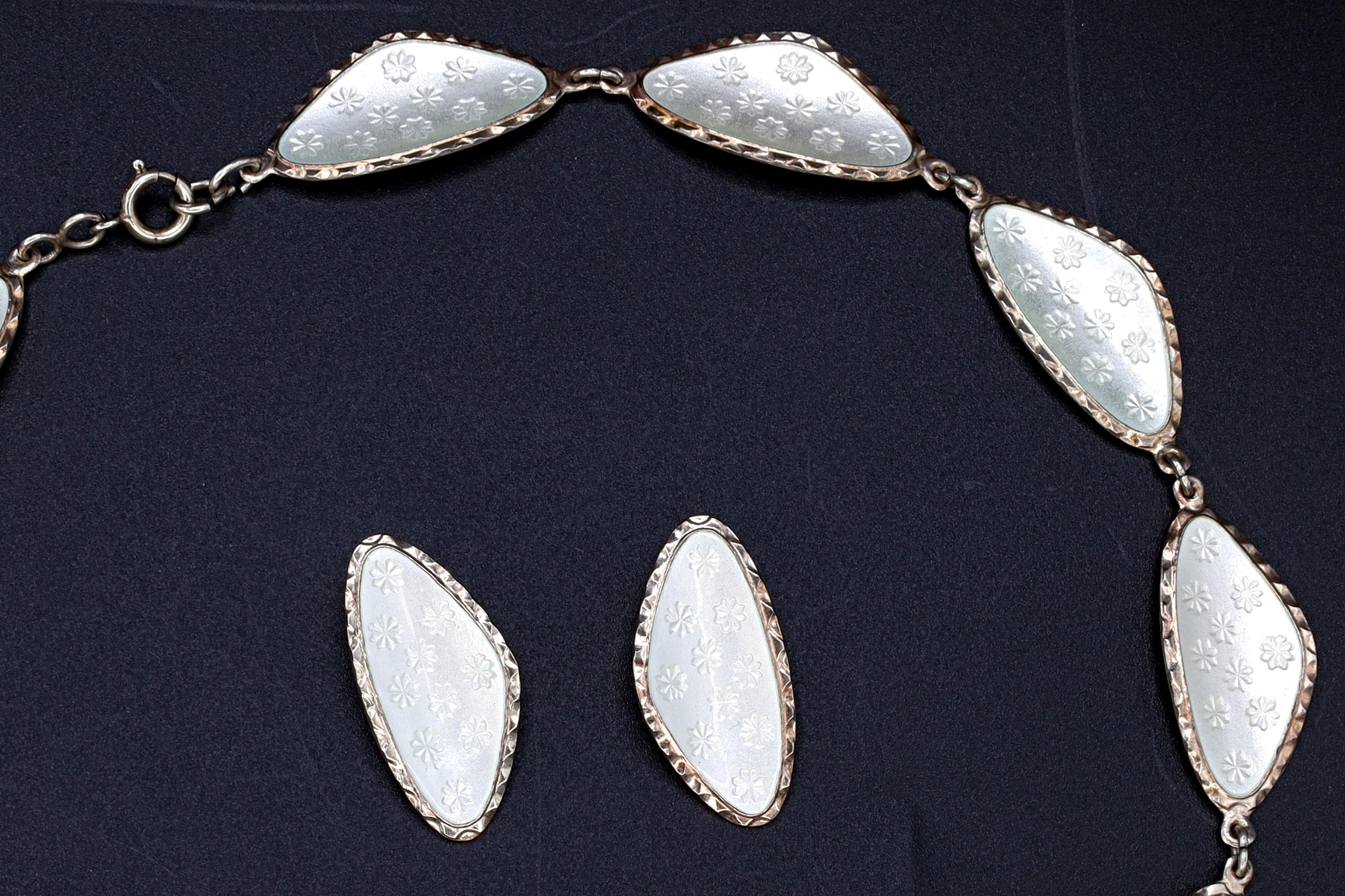 Andresen Scheinpflug, Vintage Modernist Jewelry Set, White Enamel And 925 Sterling Silver, Oval Ear Panel Links, Norway Scandinavian Fashion