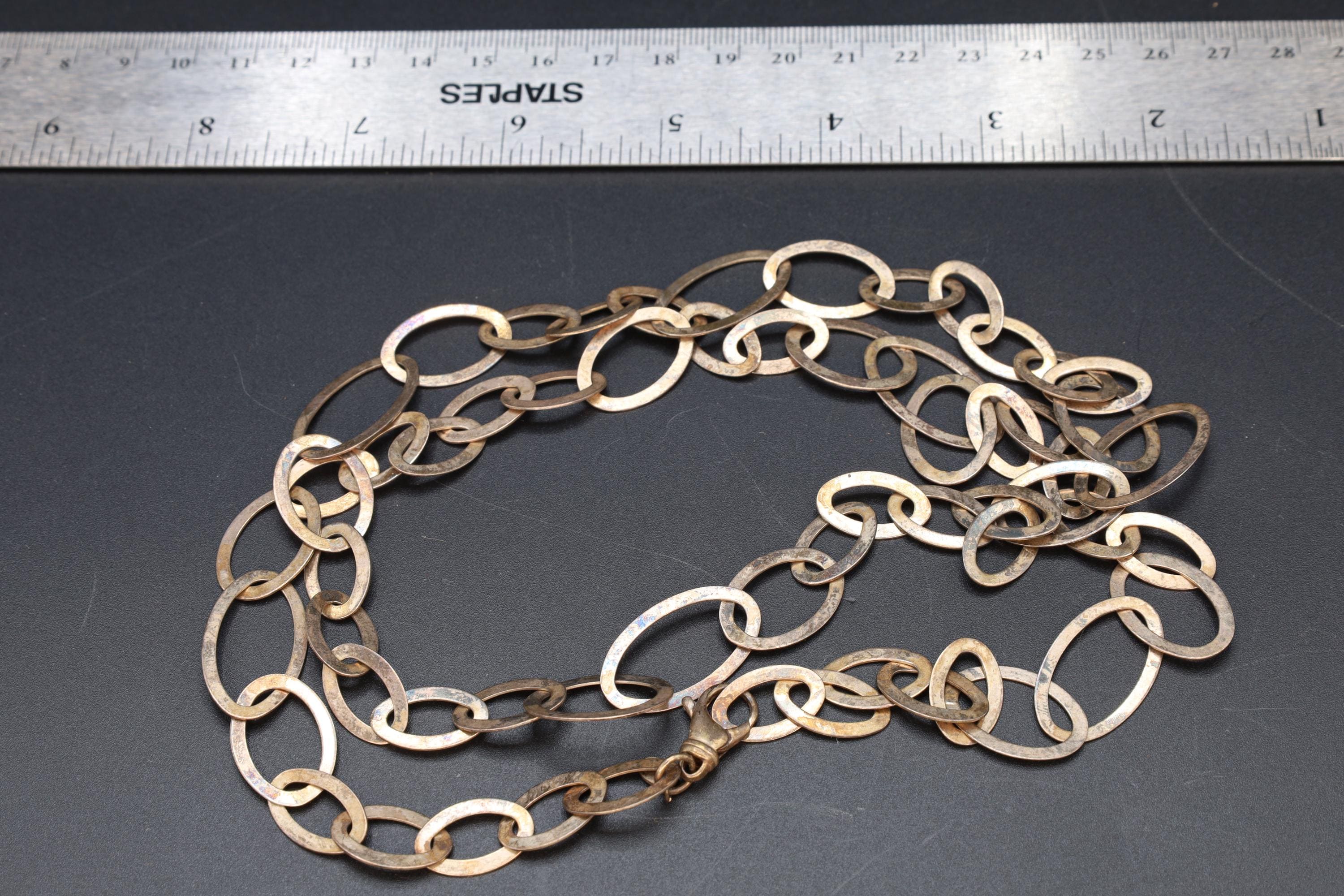 Rare Milor Italy Jewelry, A 950 Sterling Silver Flat Link Chain, XL Large 33 inches Length, Retro Vintage 1990s Fashion Accessories
