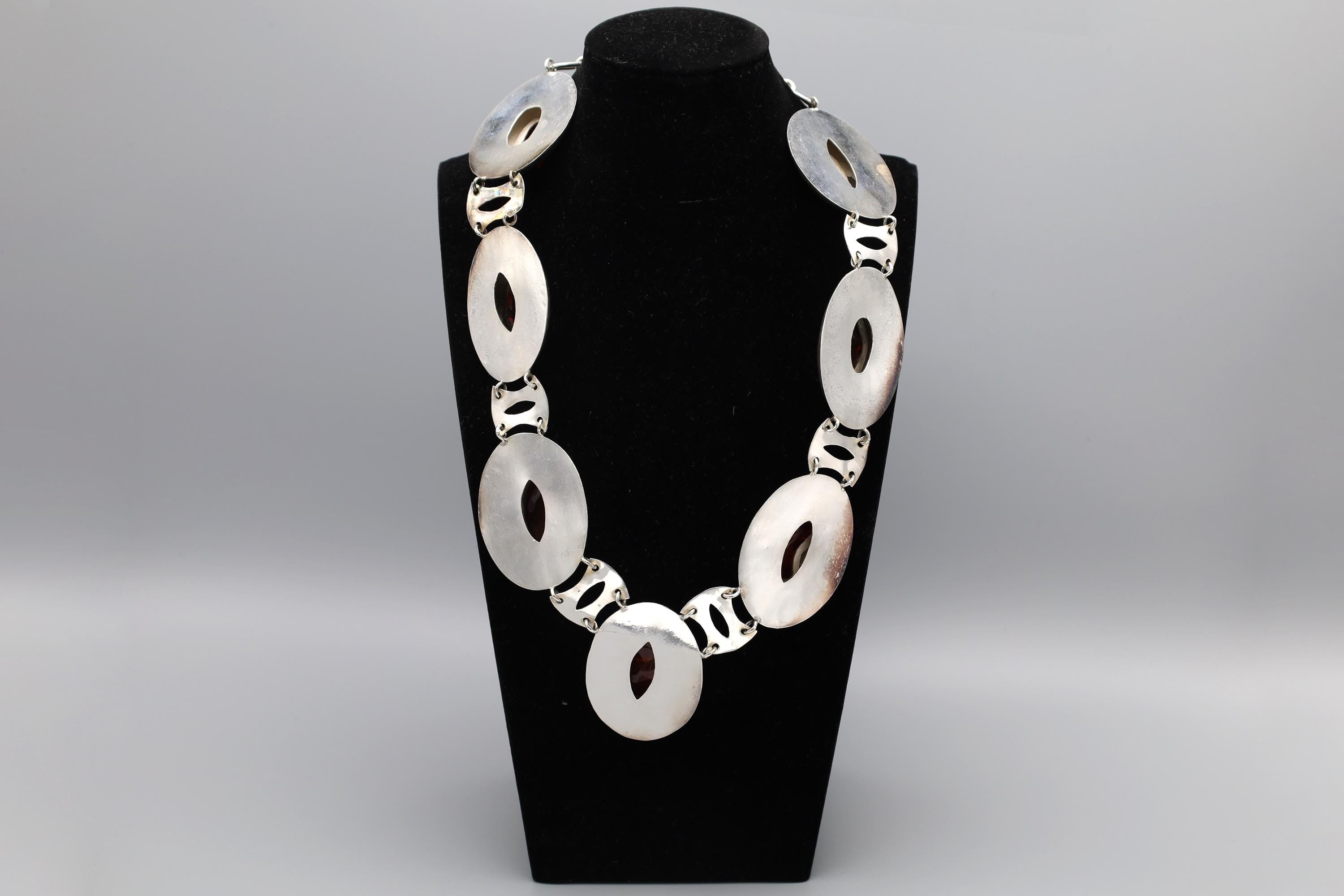 Vintage 1990s, Artisan Handmade Jewelry Piece, 925 Silver Southwestern Americana Massive Statement Necklace, Concho Necklace With Faux Amber