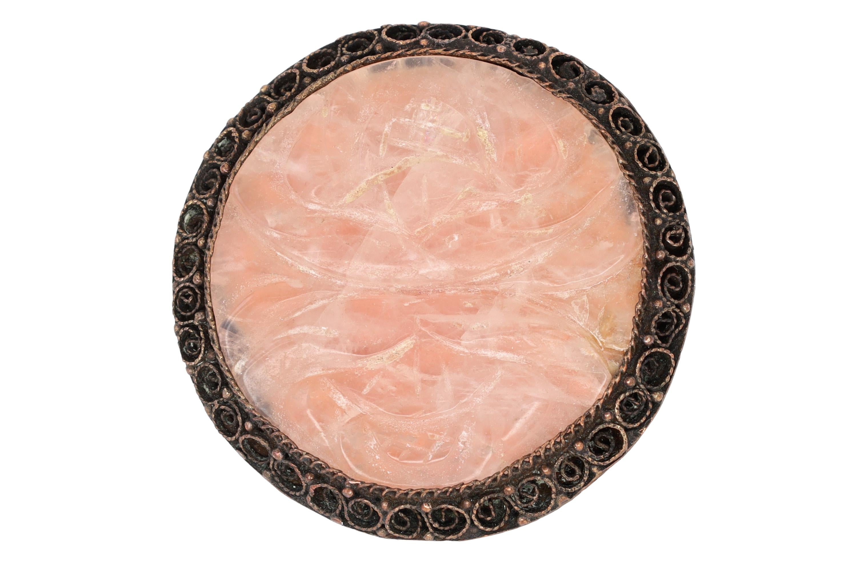 Antique 1920s Art Deco Brooch, A Carved Rose Quartz And Silver Filigree Wirework, Chinese Republic Era Jewelry, Floral Design In A Round Pin