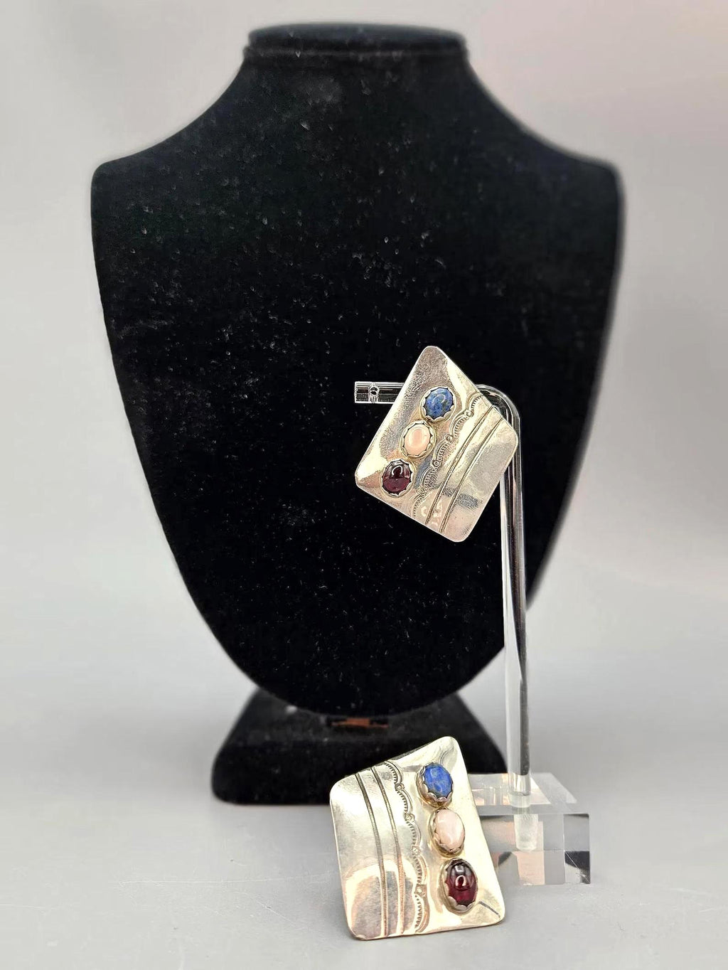 Vintage Navajo Stud Earrings With Stones, Native American Jewelry Art Signed By A Master Silversmith Boyd Chee. Dated Circa 1980s