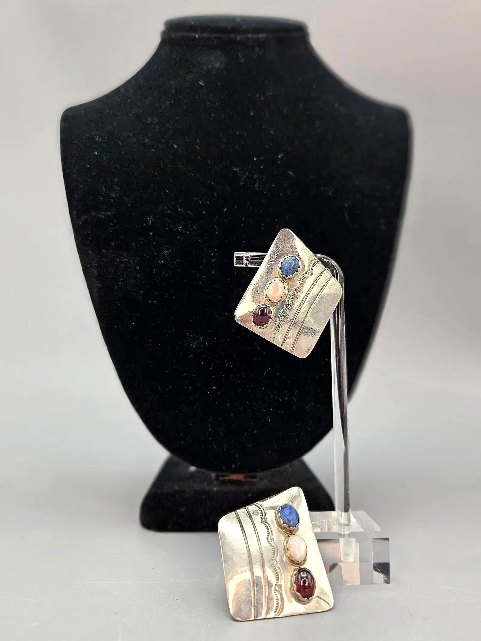Vintage Navajo Stud Earrings With Stones, Native American Jewelry Art Signed By A Master Silversmith Boyd Chee. Dated Circa 1980s