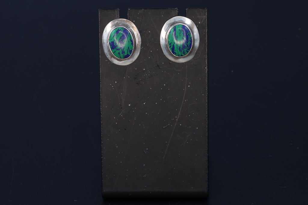 Retro Azurite Malachite Stud Earrings, Large Sterling Silver Oval Studs With Zoisite Cabochons, Retro Mid Century Jewelry Design